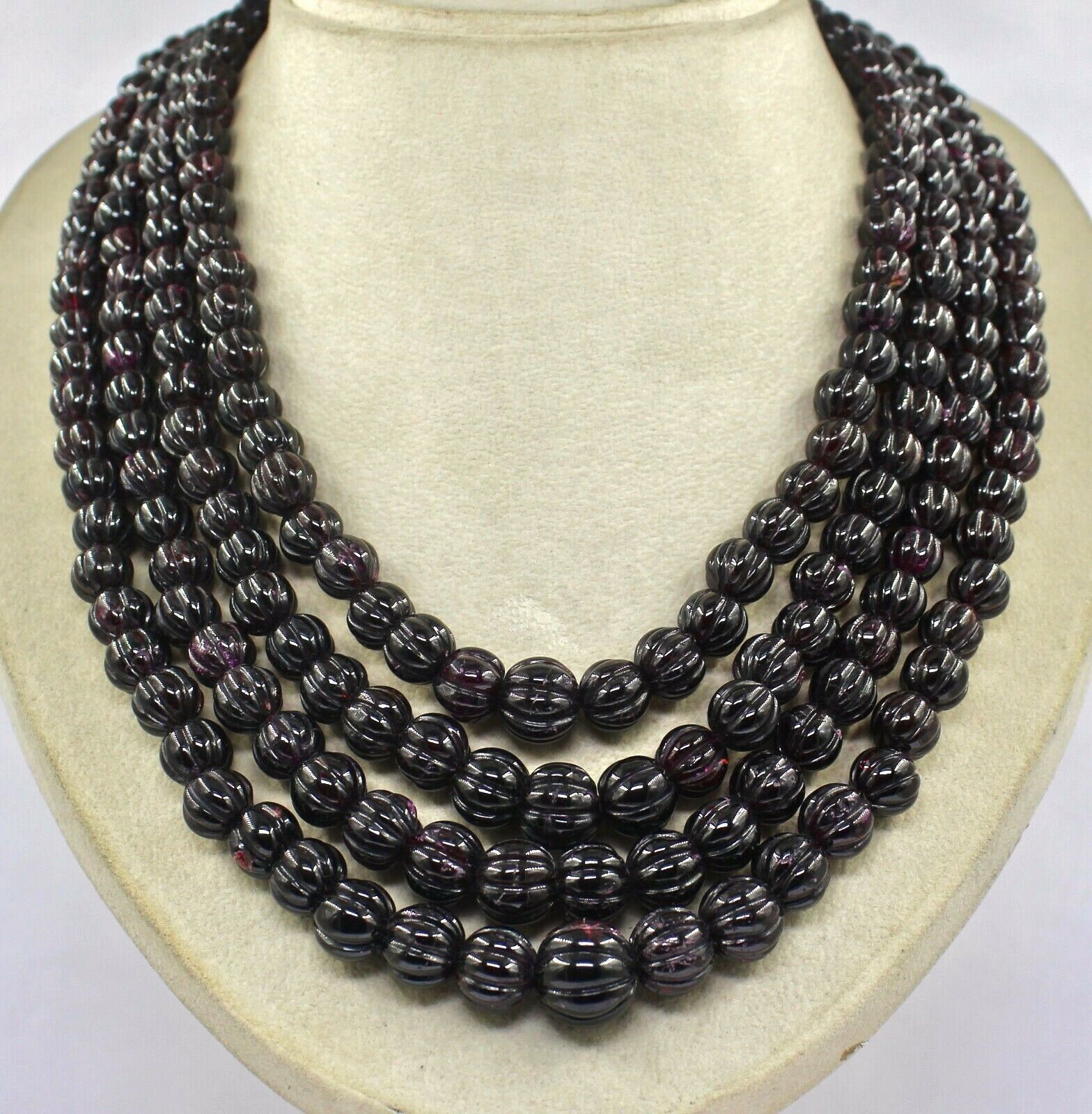 NATURAL GARNET BEADS CARVED MELON 4 LINE 2392 CARATS NECKLACE WITH SILVER HOOK 