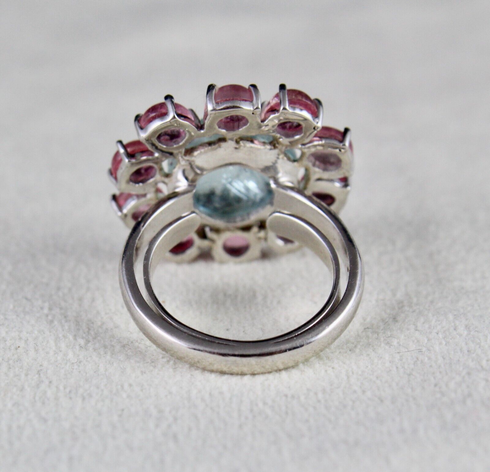 Antique Natural Aquamarine Carved Pink Tourmaline Gemstone Silver Victorian Ring