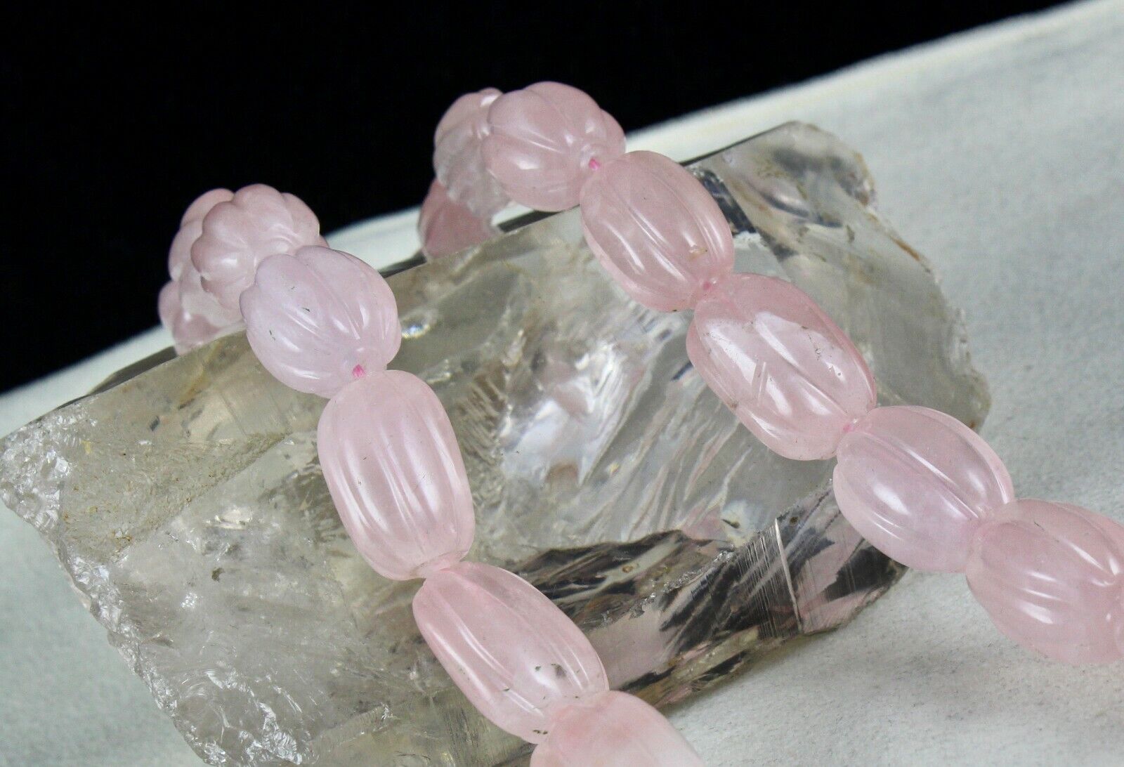 NATURAL ROSE QUARTZ MELON CARVED LONG BEADS 883 CARATS GEMSTONE SILVER NECKLACE