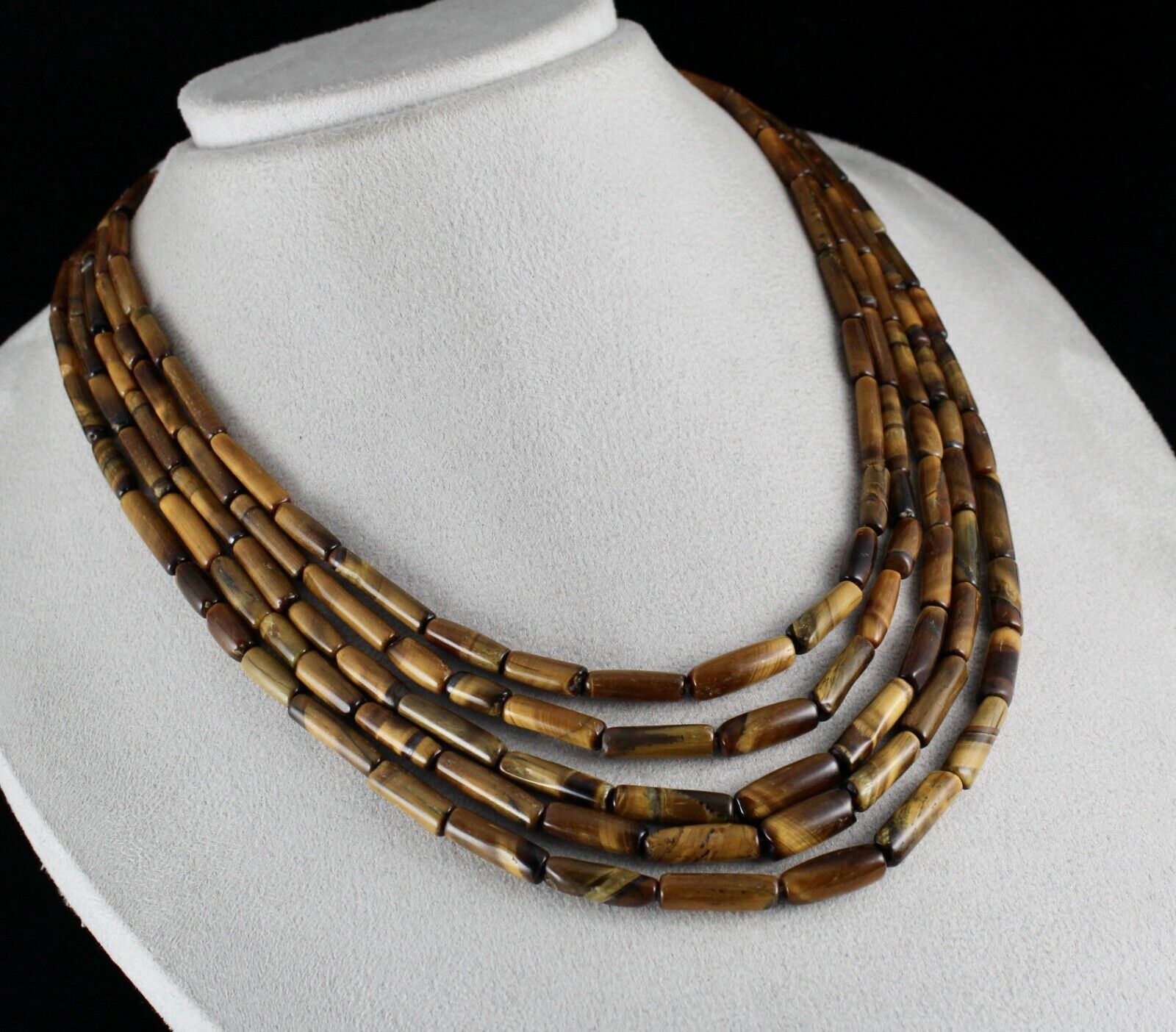 NATURAL TIGER'S EYE TUBE FANCY BEADS 5 LINE 514 CARATS GEMSTONE FASHION NECKLACE