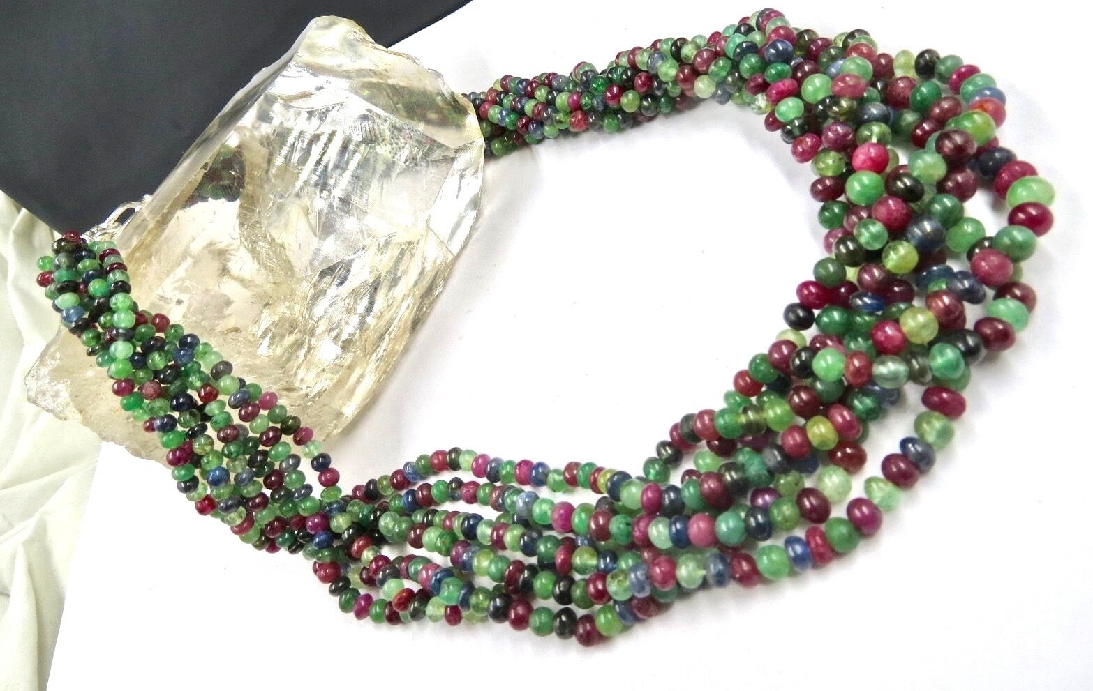 Vintage Natural Emerald Ruby Sapphire Beaded Round 631 Ct Stone Silver Necklace