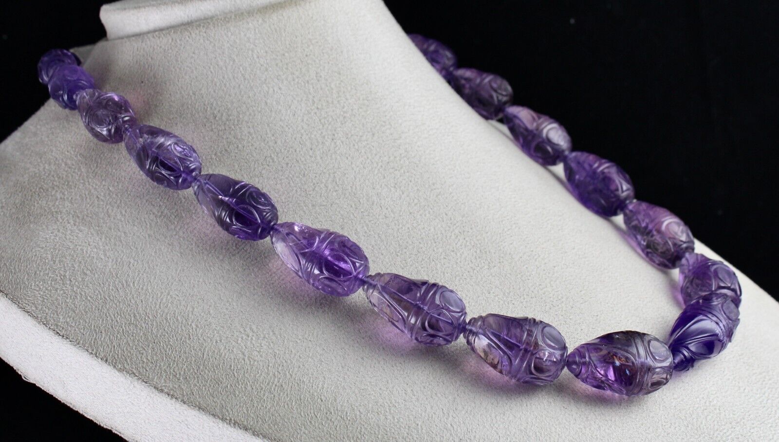 Vintage Natural Amethyst Beads Engraved Drop 965 Ct Purple Stone Silver Necklace