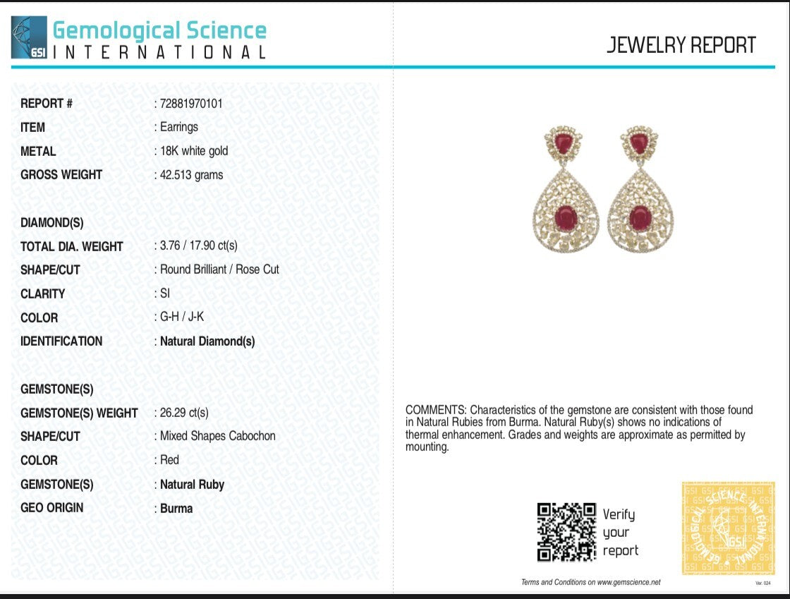 Certified Burma Ruby 200ct Natural Rose Cut Diamond 18k Gold Cocktail Earrings