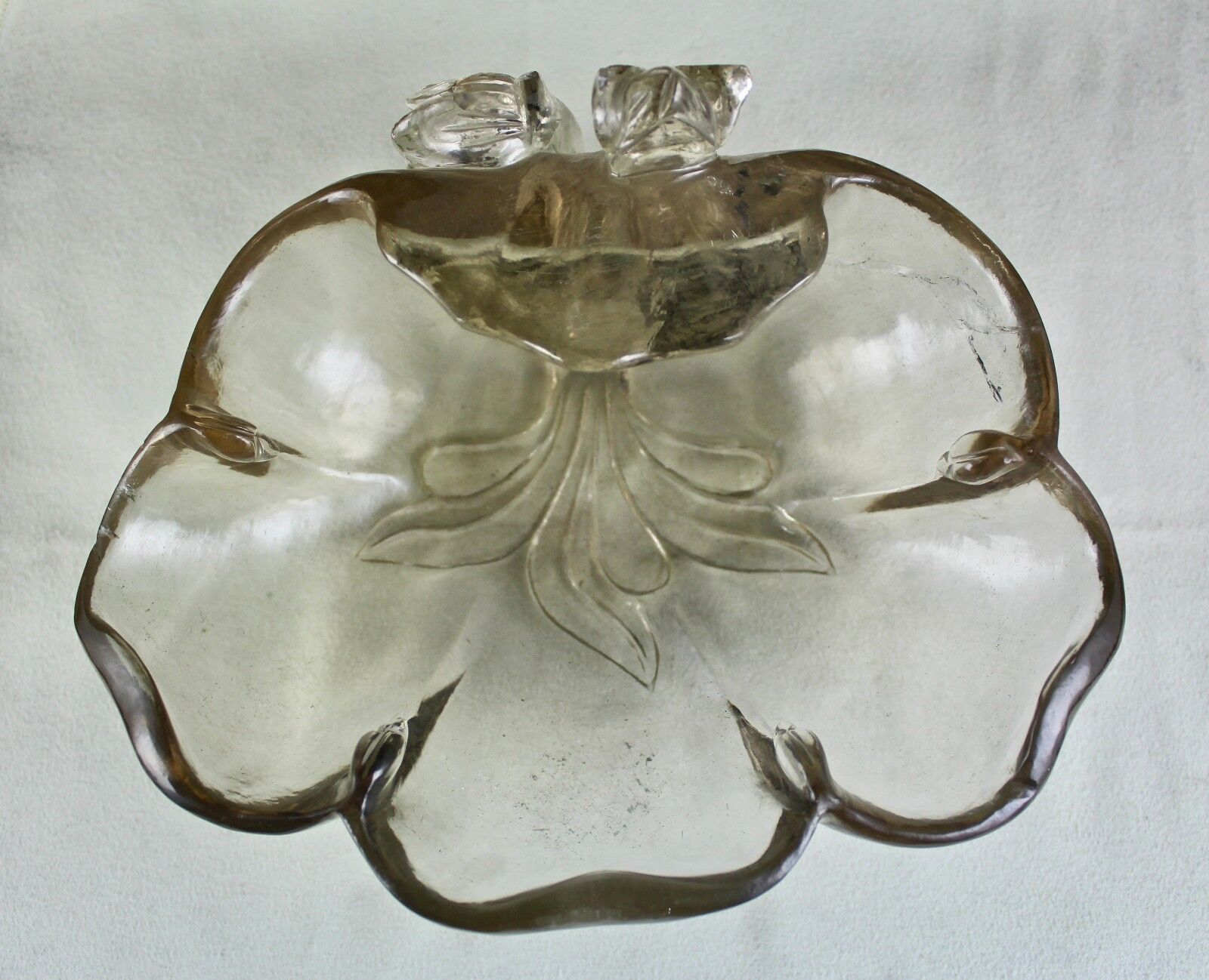 ANTIQUE NATURAL ROCK CRYSTAL QUARTZ LOTUS CARVED 4250CT GEMSTONE BOWL HOME DECOR