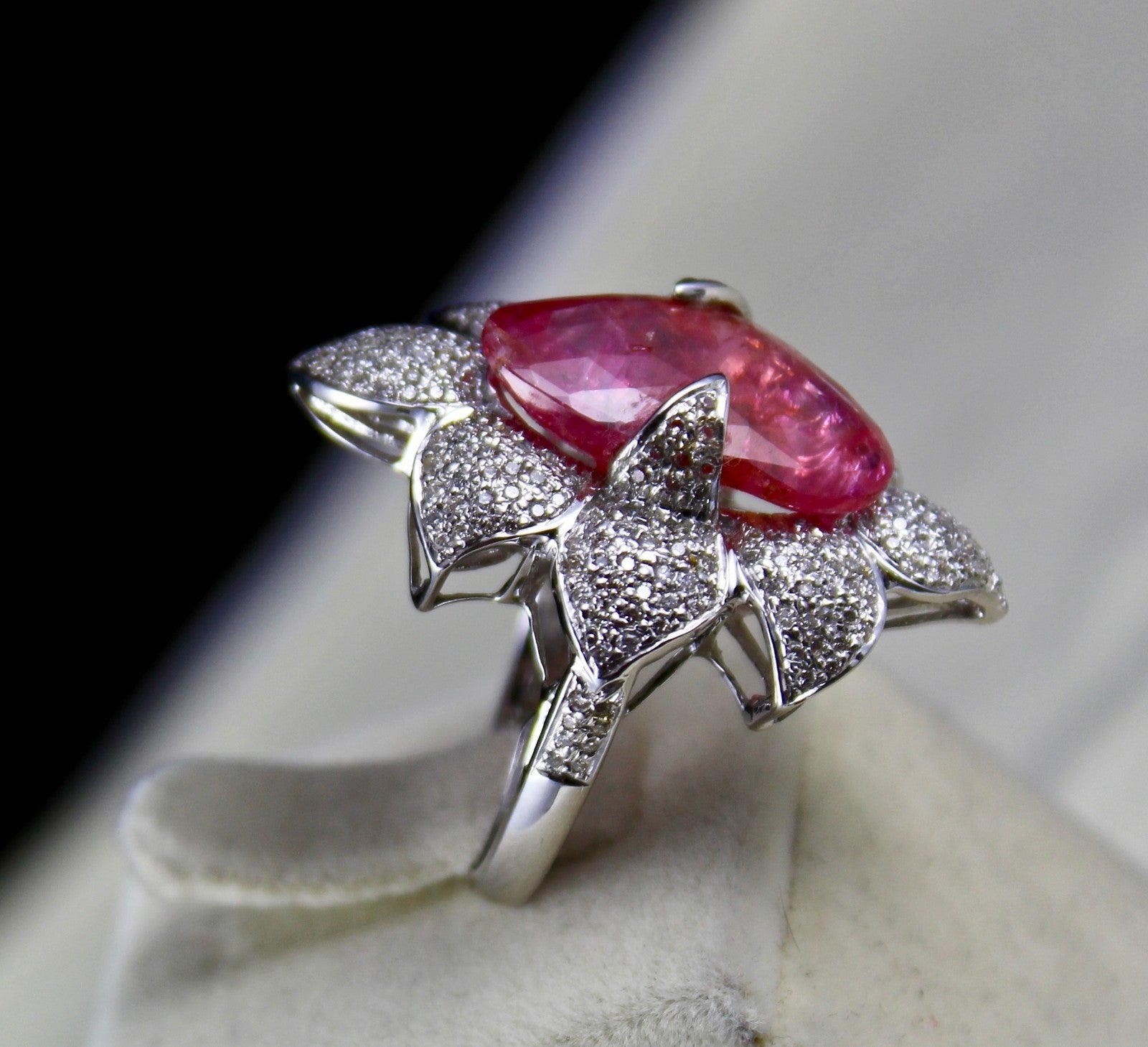 Natural Burma Ruby 12.11 Ct Cabochon Diamond Pavé Ring 18k White Gold For Women