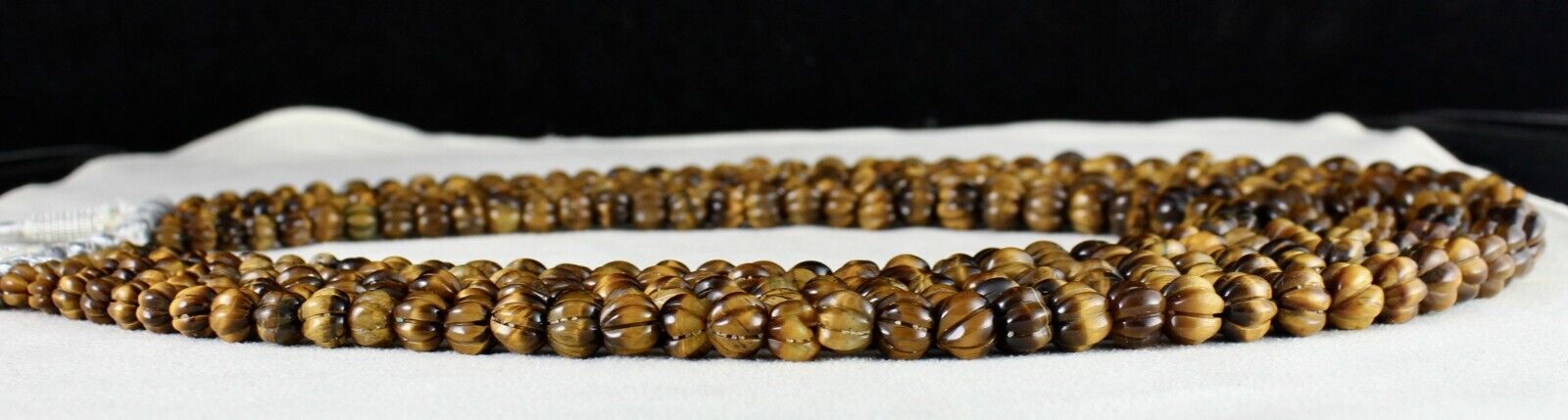 NATURAL TIGER EYE BEADS CARVED 5 LINE 1214 CTS GEMSTONE LADIES ANTIQUE NECKLACE