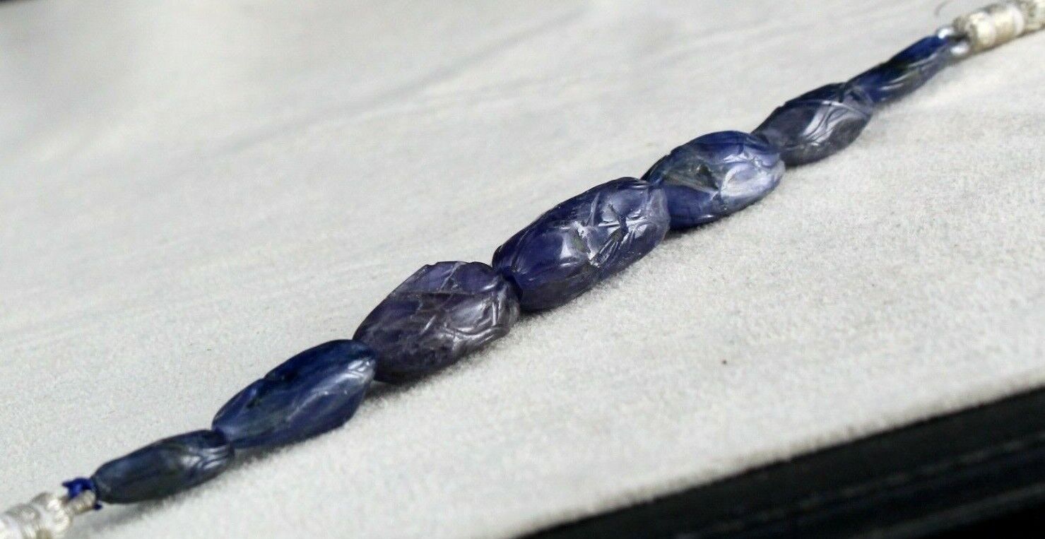 NATURAL BLUE SAPPHIRE CARVED 5 PCS 91.84 CARATS LONG DRILLED BEADS FOR DESIGNING