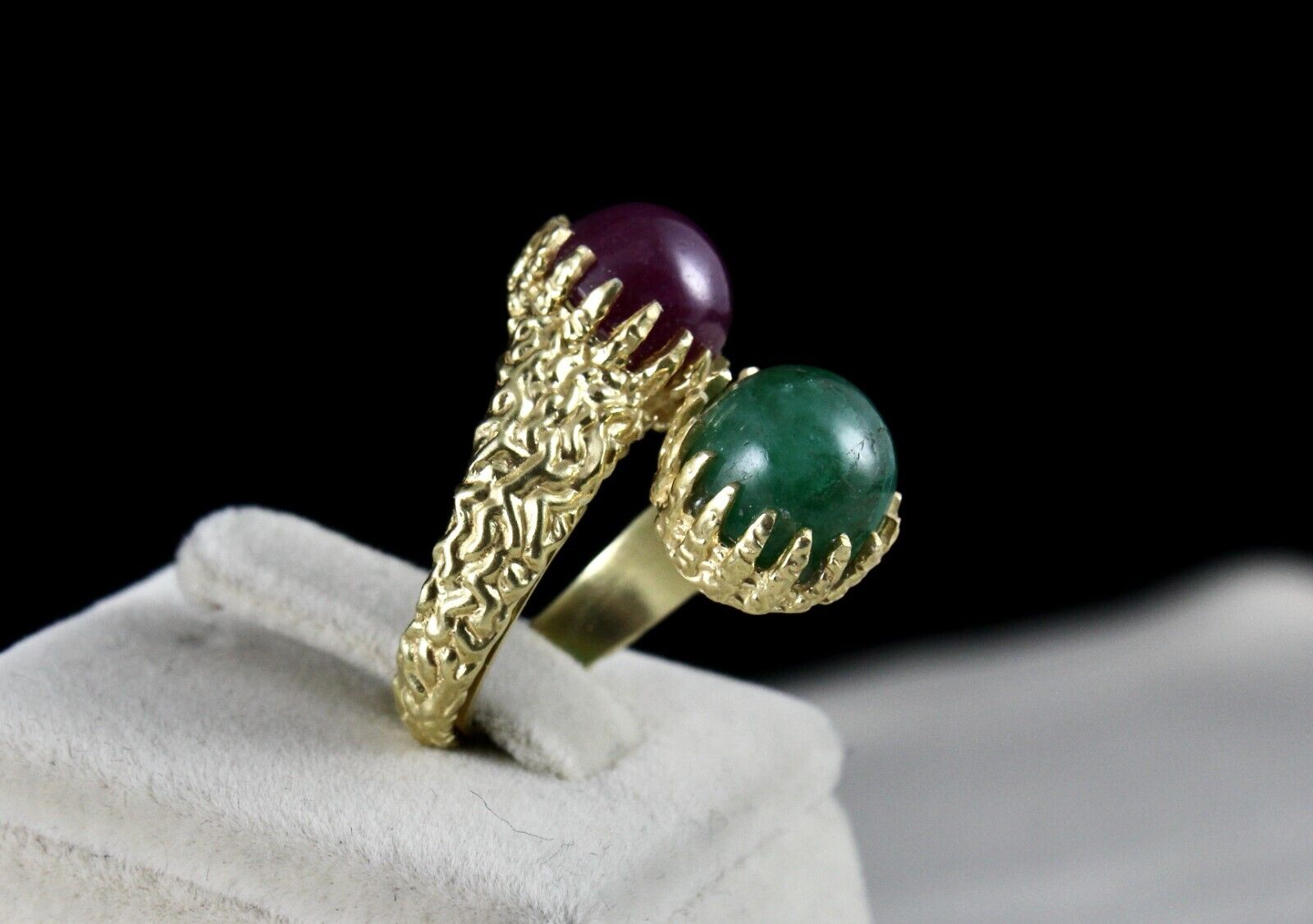 ANTIQUE NATURAL EMERALD RUBY ROUND GEMSTONE DIAMOND 925 SILVER CARVED RING