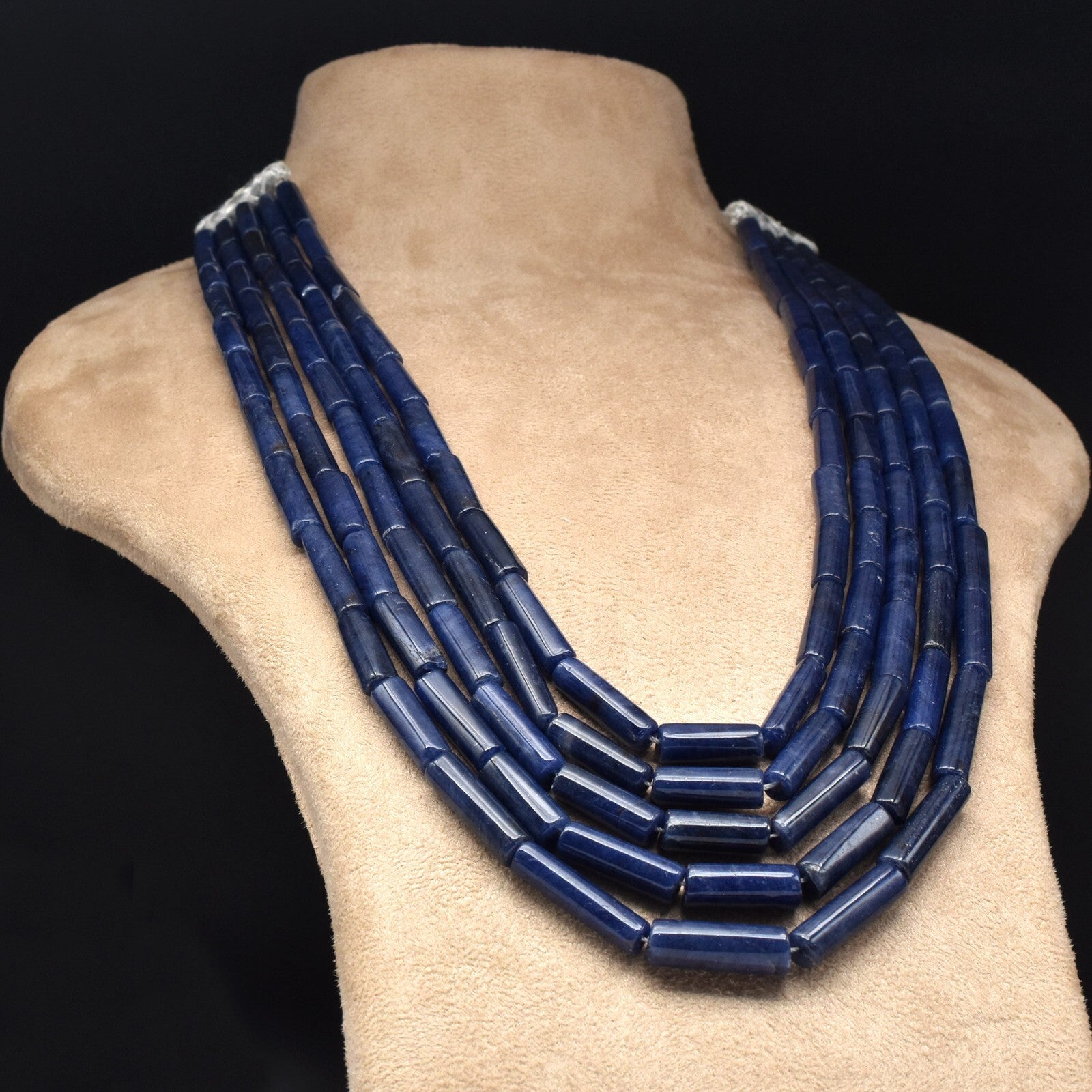 Vintage Natural Blue Jade Aventurine 843 Ct Beads Tube Long Necklace