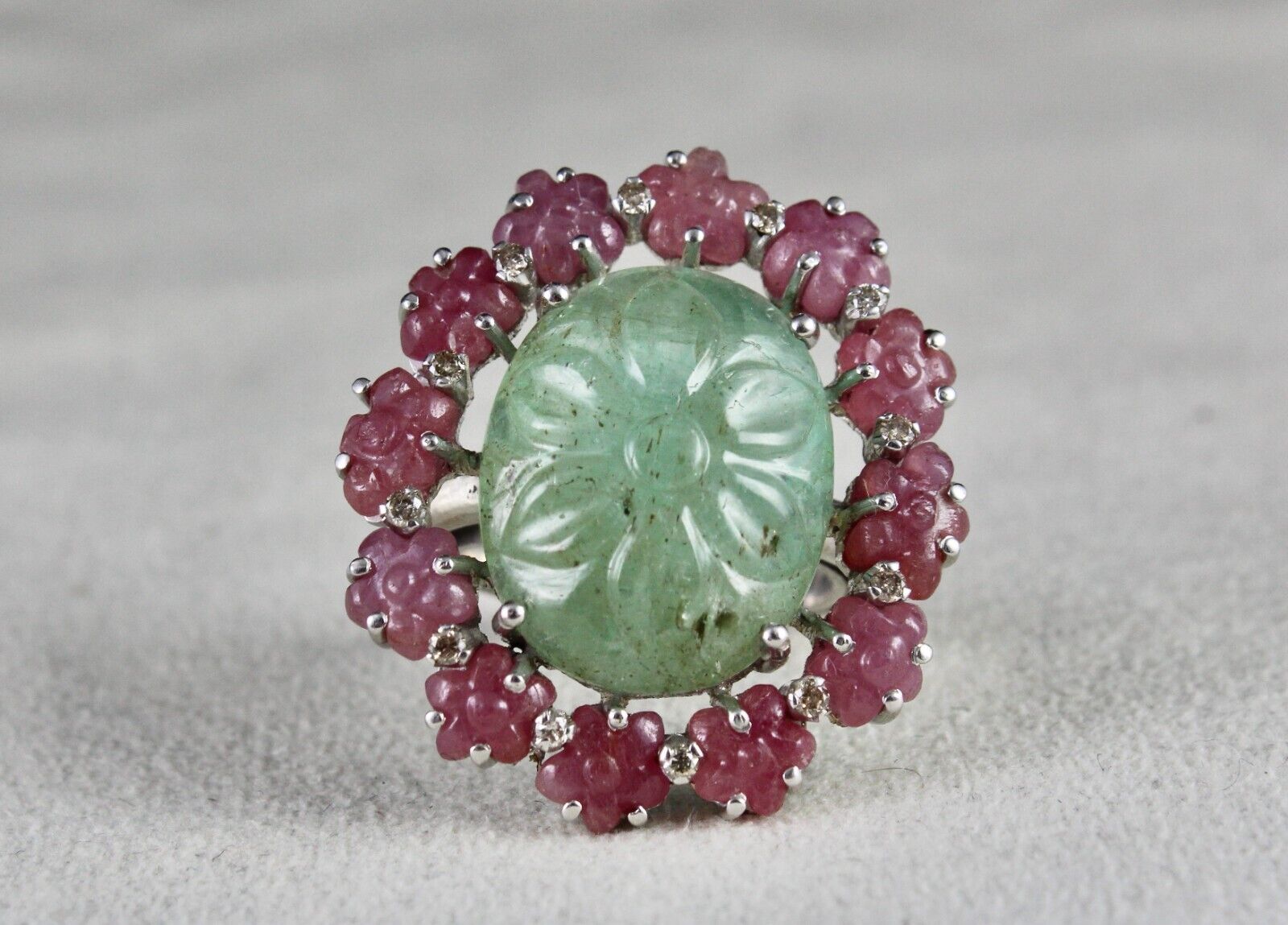 Antique Natural Emerald Ruby Carved Gemstone Diamond Silver Big Cocktail Ring