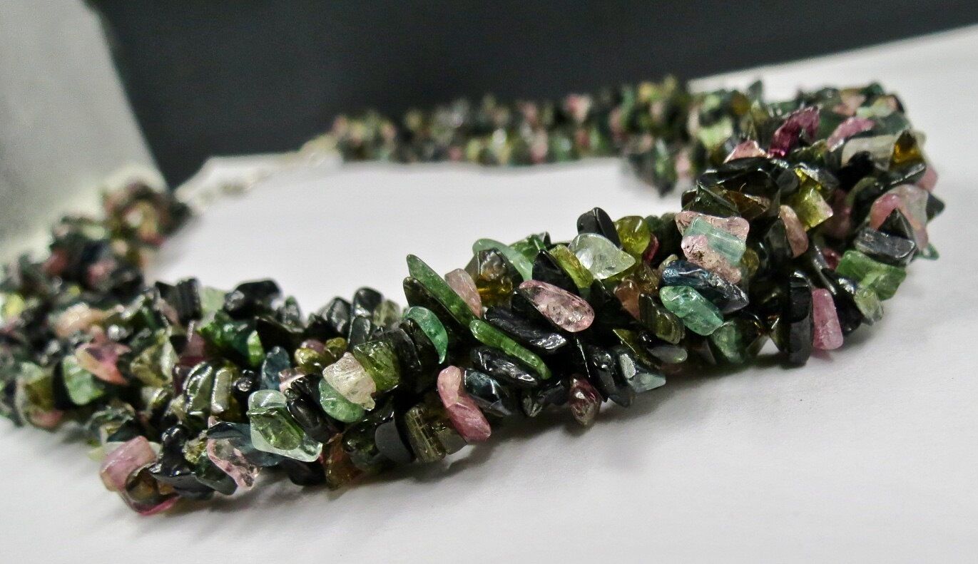 NATURAL MULTI TOURMALINE UNCUT BEADS 6 LINE 728 CTS GEMSTONE SILVER NECKLACE