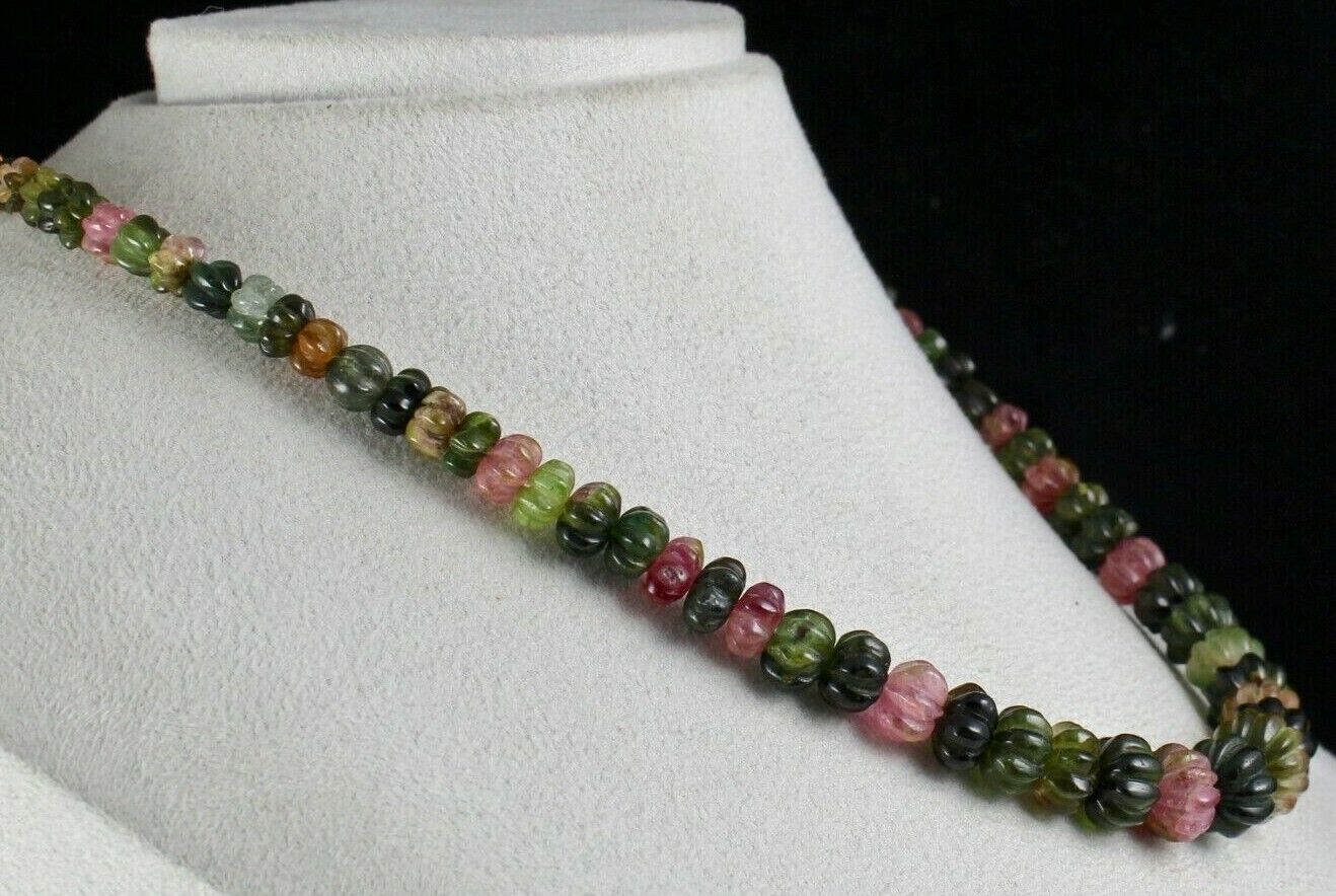 NATURAL MULTI TOURMALINE BEADS MELON CARVED 353 CARATS GEMSTONE SILVER NECKLACE