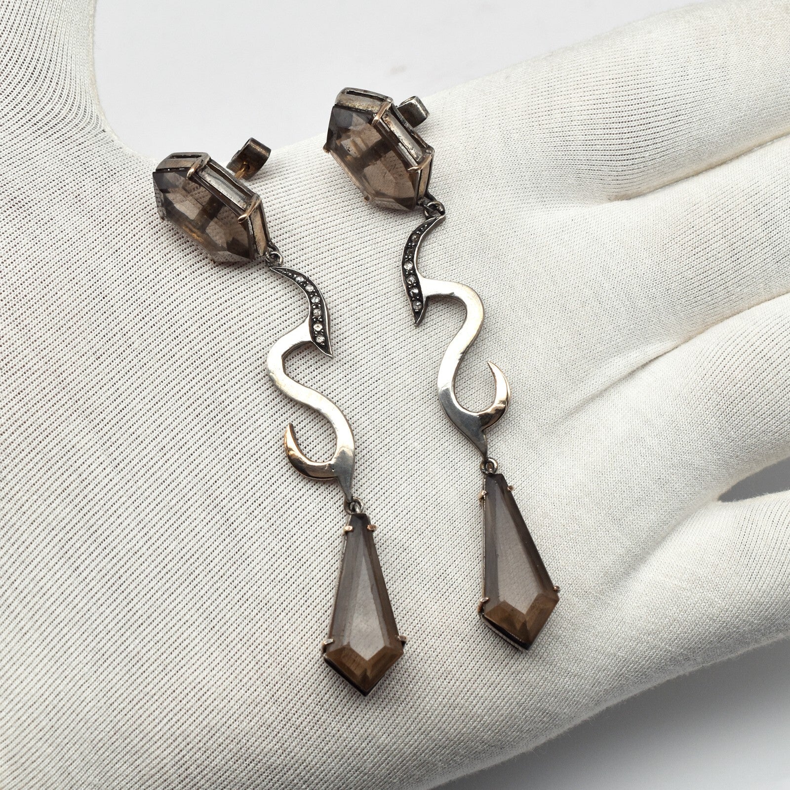 Natural Smoky Quartz 94.05ct Natural Diamond 18k Gold Sterling Silver Earrings