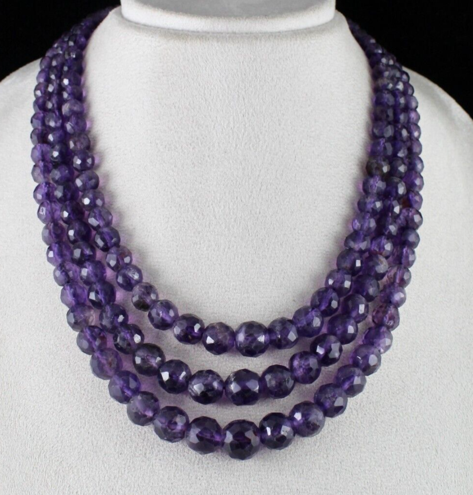 Natural Amethyst Round Faceted Beaded Necklace 3 Line 839 Carats Finest Gemstone