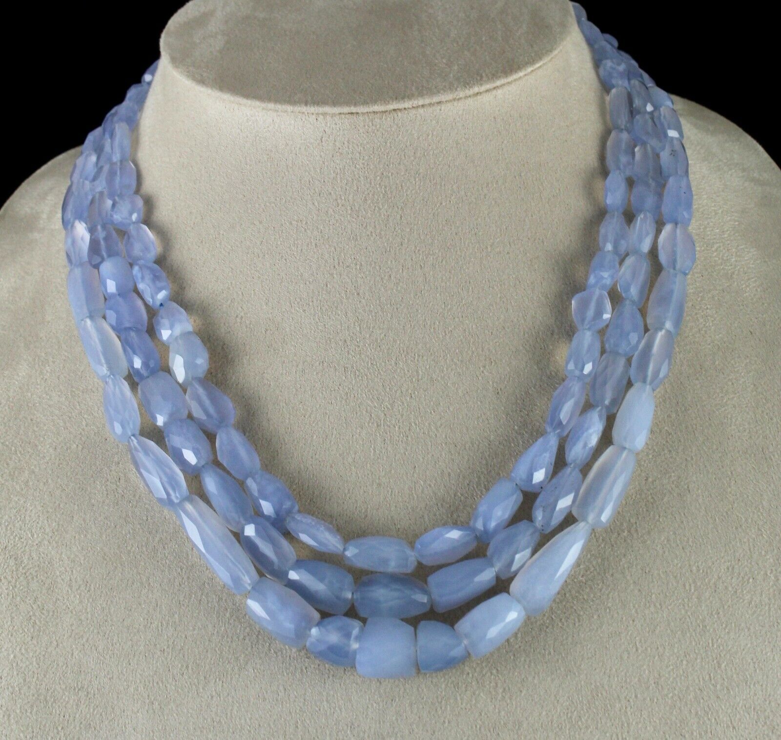 NATURAL BLUE CHALCEDONY BEADS FACETED TUMBLE 3 LINE 569 CARATS GEMSTONE NECKLACE