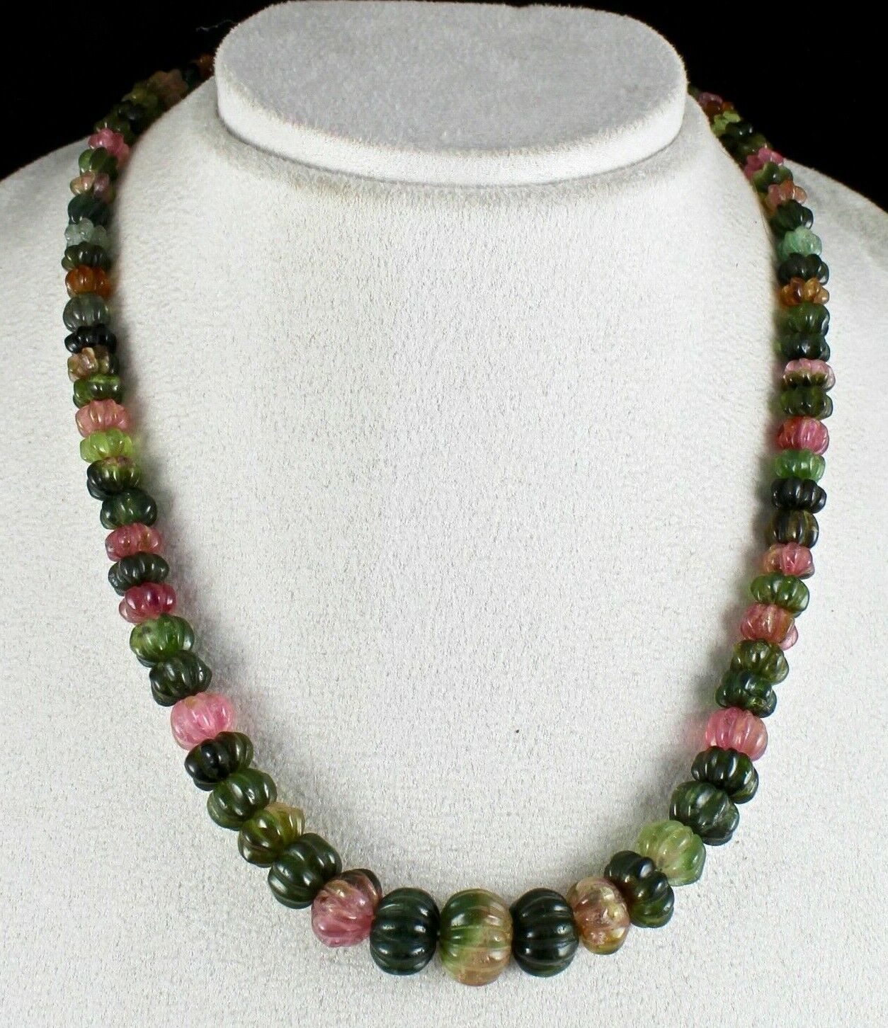 NATURAL MULTI TOURMALINE BEADS MELON CARVED 353 CARATS GEMSTONE SILVER NECKLACE