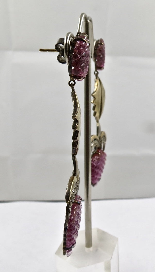 Certified Natural Pink Tourmaline 10ct Carved Diamond Sterling Silver Earrings