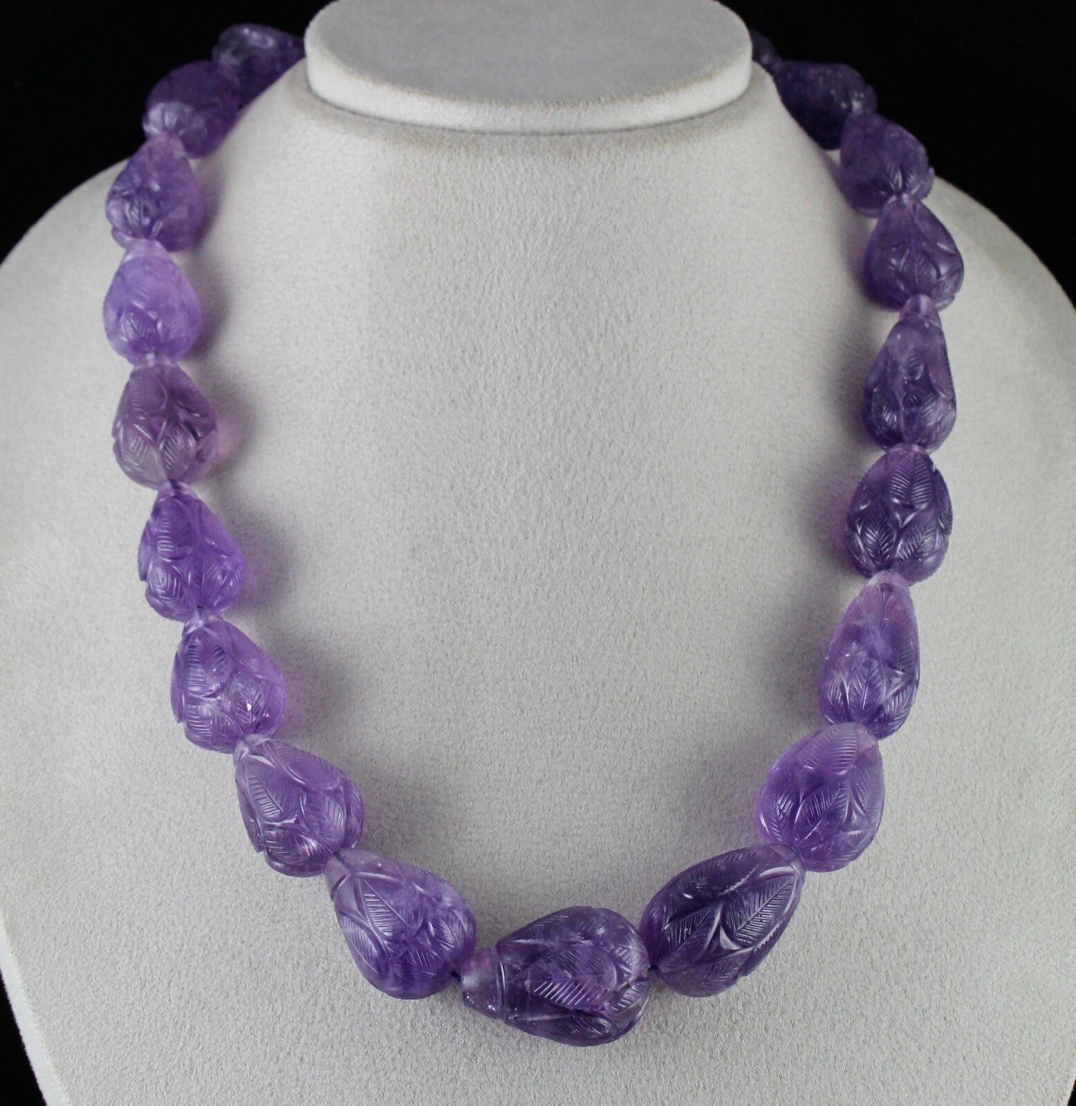 Certified Natural Amethyst Beads Necklace Carved Drop 1202 Ct Purple Gemstone