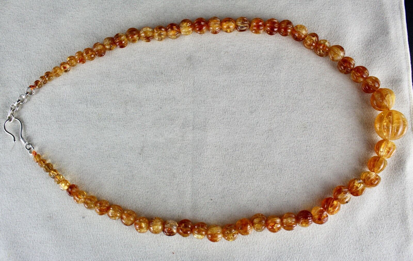 Natural Citrine Carved Beaded Necklace 390 Carats Round Gemstone Silver Clasp