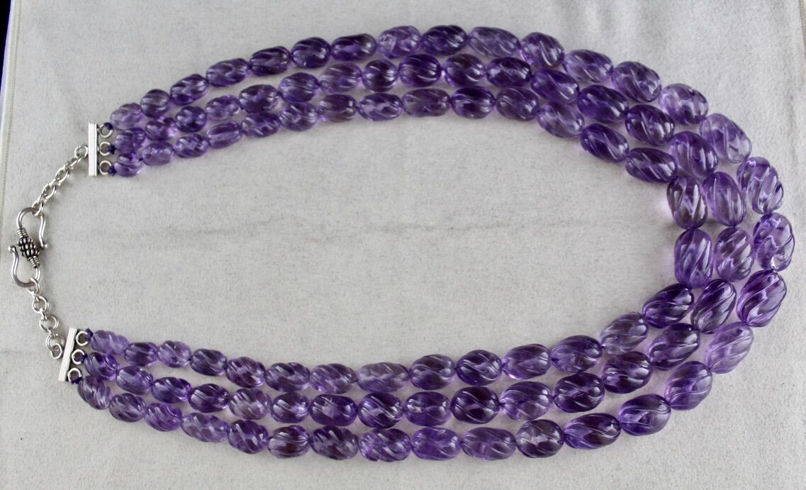 Natural Amethyst Beads Carved Oval 3 L 1373 Ct Purple Gemstone Silver Necklace