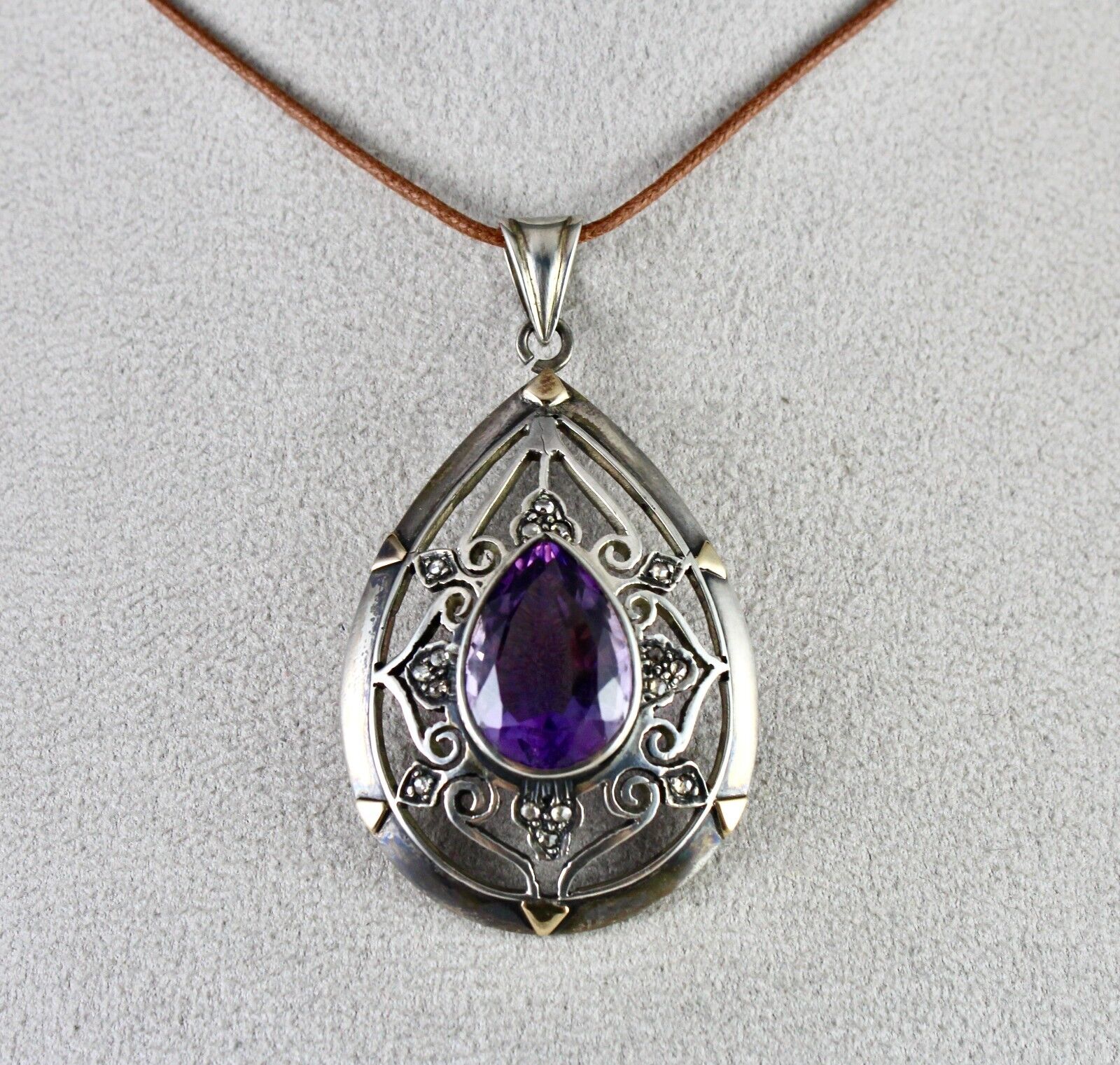 ANTIQUE NATURAL AMETHYST CUT DIAMOND VICTORIAN PENDANT IN 925 SILVER & GOLD