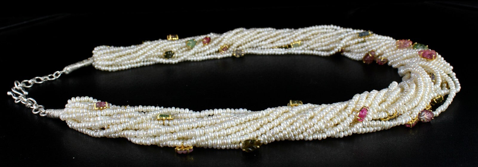 Certified Sterling Silver Designer Necklace Pearl Beads Tourmaline Leaf 972 Ct