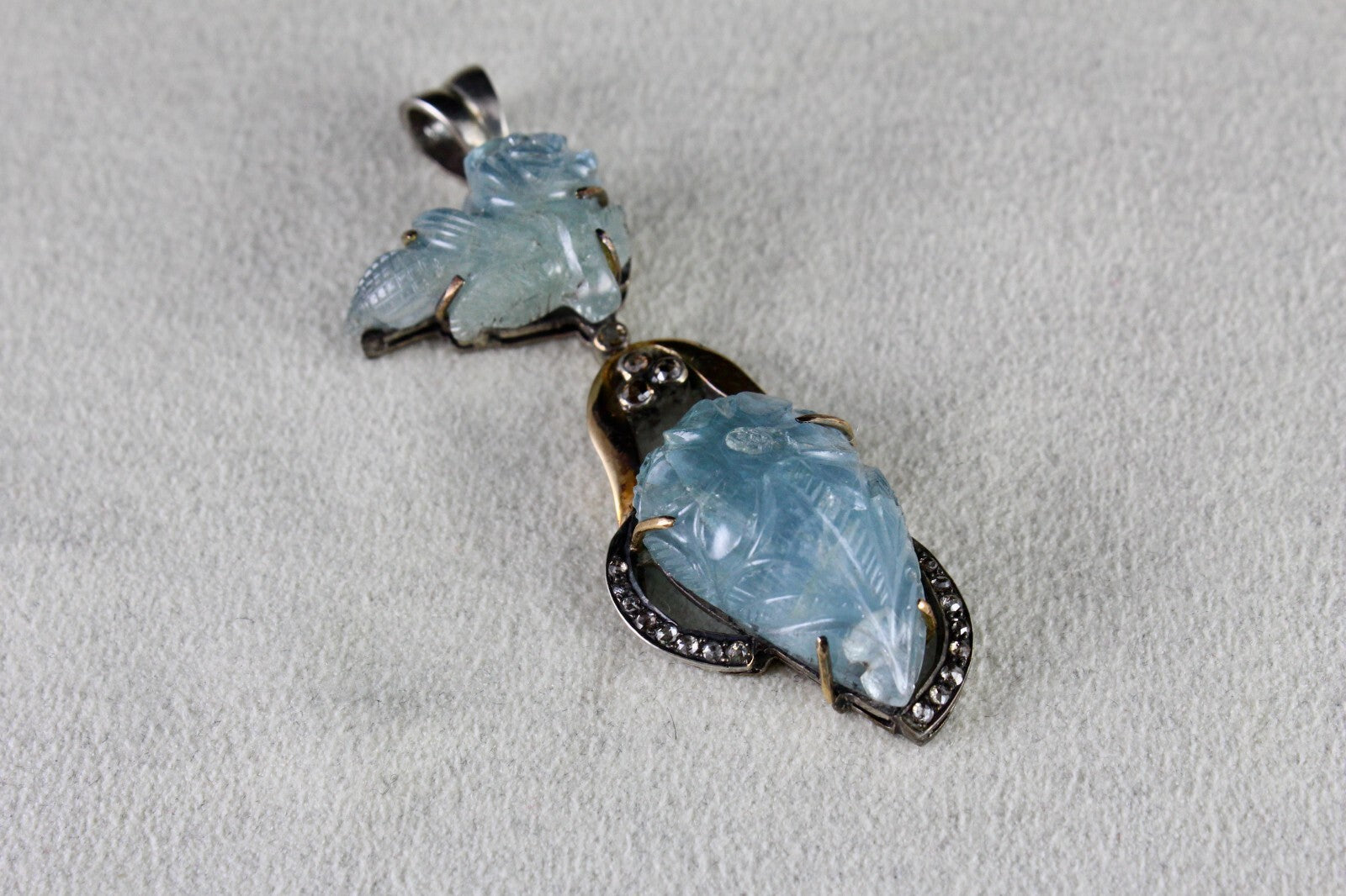 Natural Blue Aquamarine 10ct Carved Natural Diamond 18k Gold 925 Silver Pendant