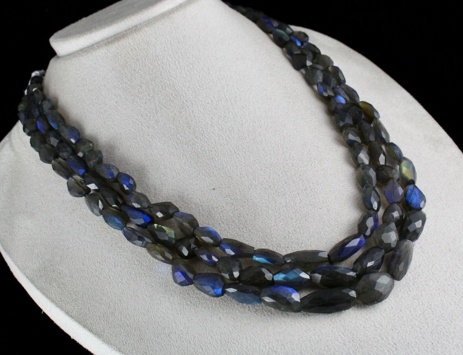 NATURAL BLACK LABRADORITE FACETED TUMBLE 3 LINE 688 CTS GEMSTONE BEADS NECKLACE