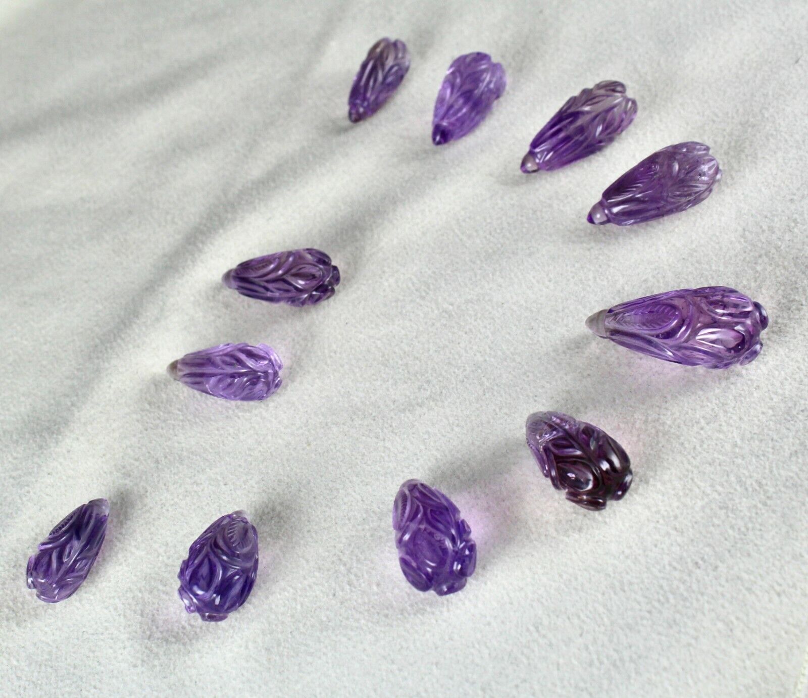 NATURAL AMETHYST CARVED DROPS 11 PCS 247 CTS LOOSE GEMSTONE EARRING NECKLACE SET