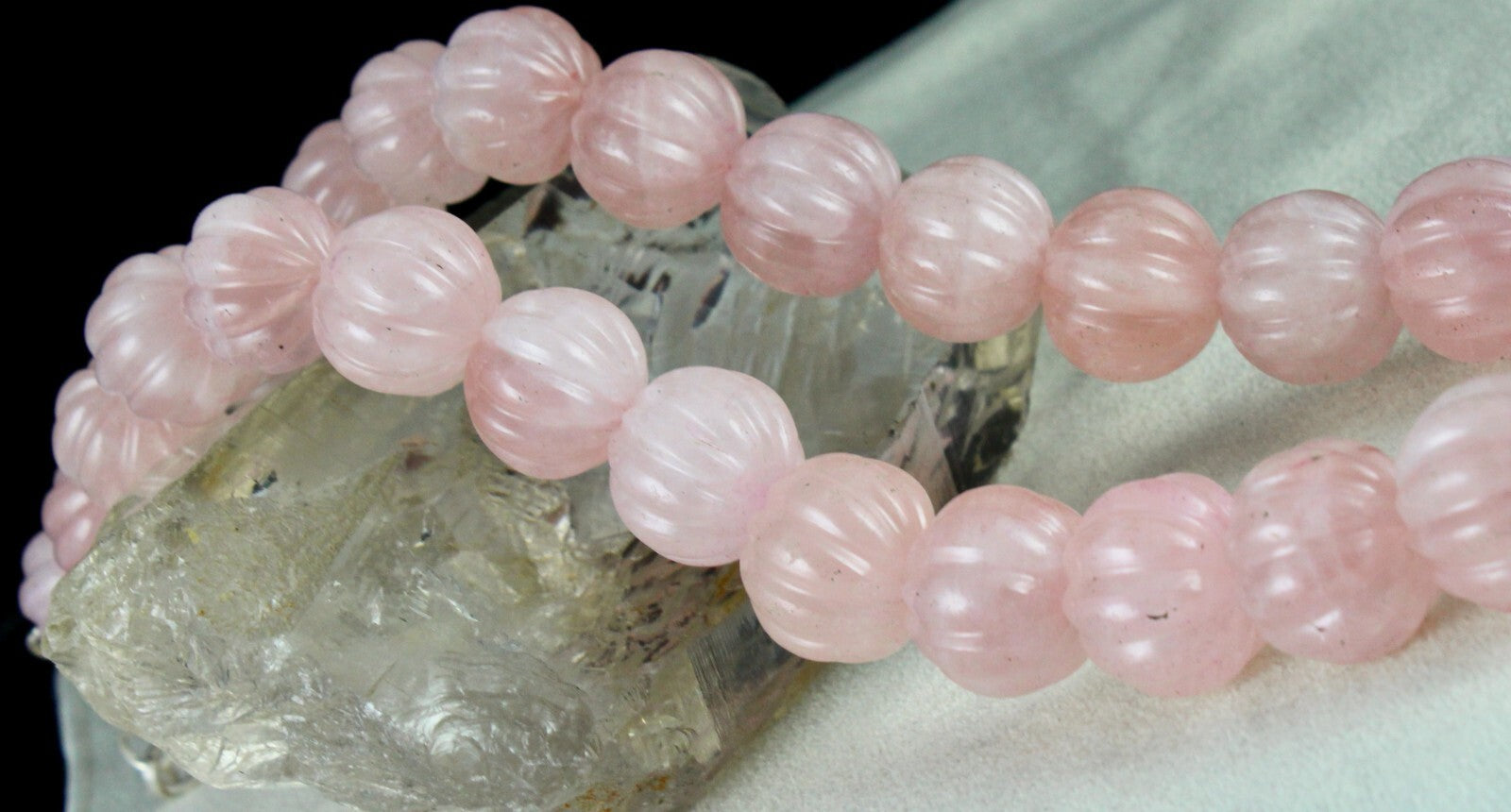 Natural Rose Quartz Melon Carved Beads Necklace 1185ct Gemstone Sterling Silver
