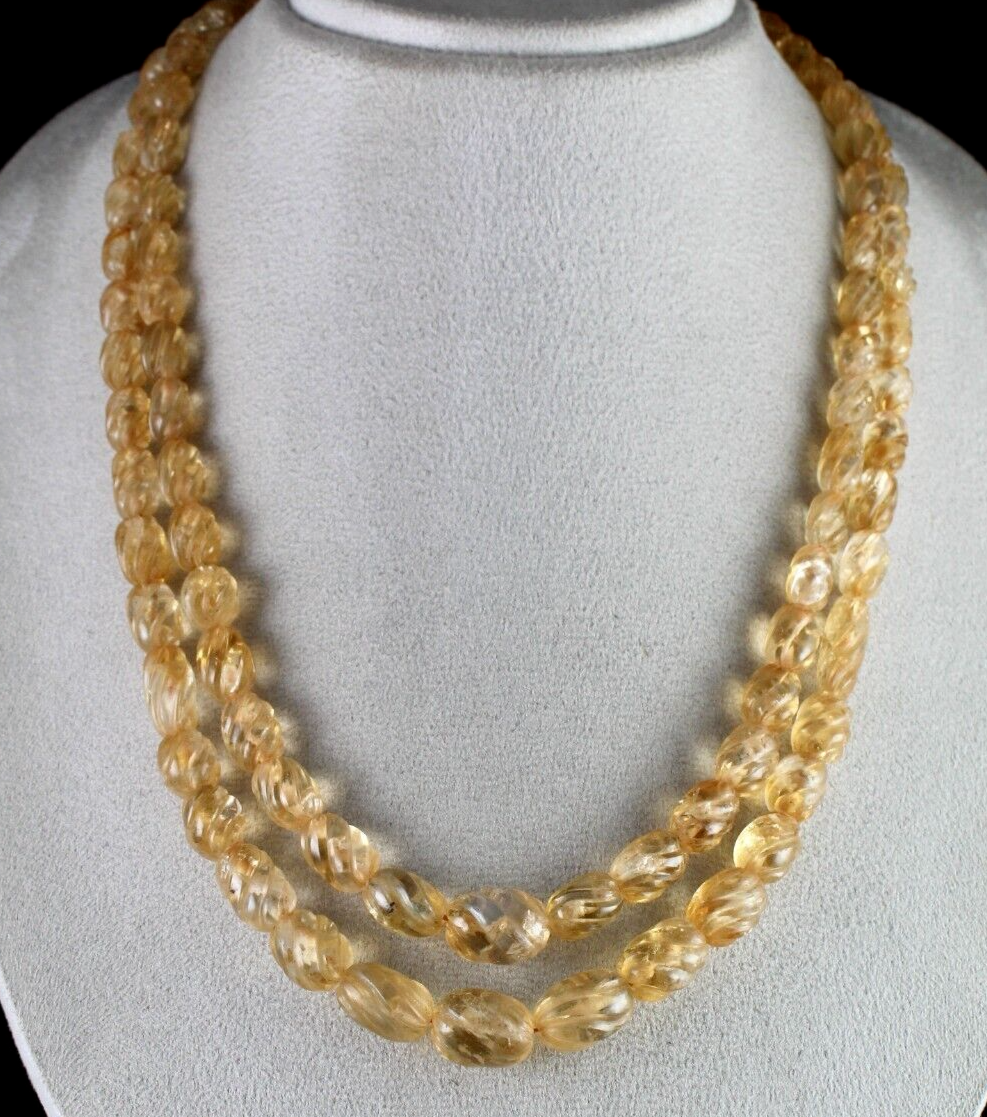 Natural Citrine Beads Carved Oval 2 L 587 Ct Yellow Gemstone Vintage Necklace