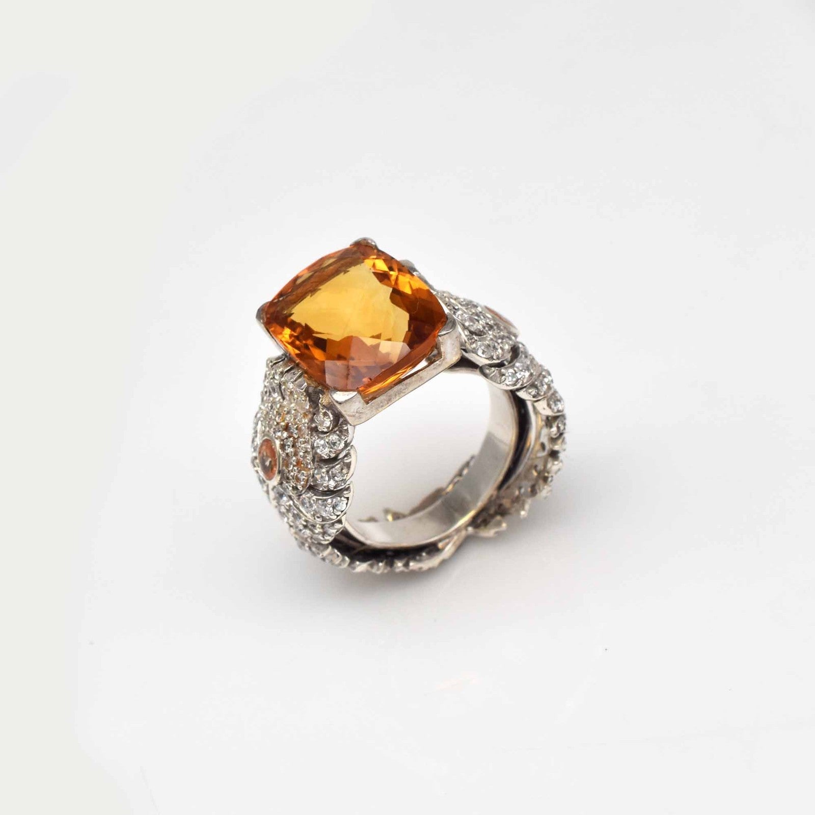 Natural Yellow Citrine Cushion Cubic Zirconia Top Gemstone Silver Cocktail Ring
