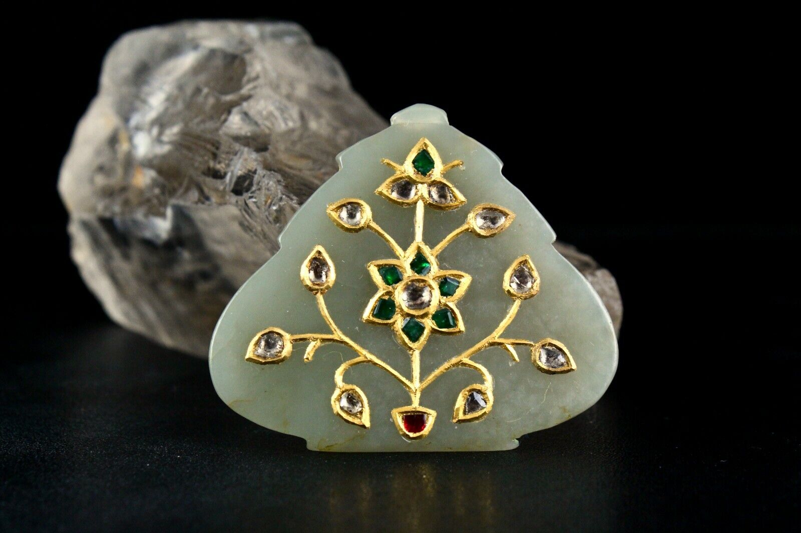 UNIQUE NATURAL OLD JADE PENDANT STUDDED WITH DIAMOND EMERALD IN 22K GOLD