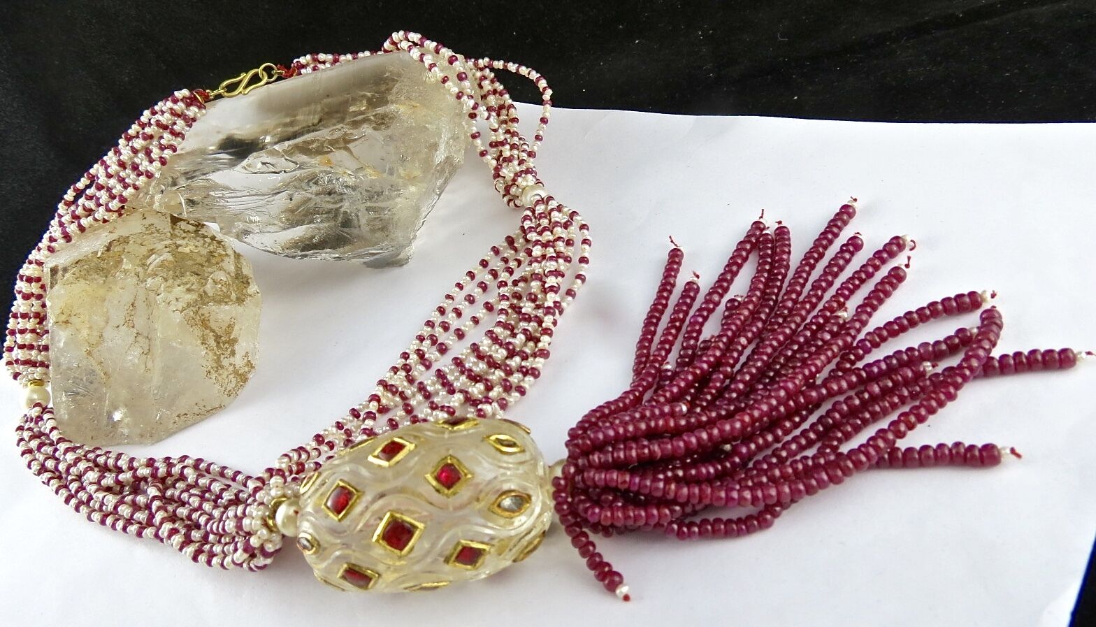 ANTIQUE NATURAL ROCK CRYSTAL QUARTZ 22K GOLD RUBY PEARL BEADS IMPORTANT NECKLACE