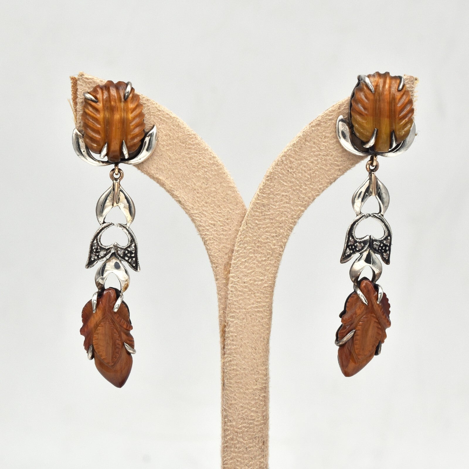 Estate 18k Gold Silver Natural Tiger Eye Diamond 10ct Victorian Dangle Earrings
