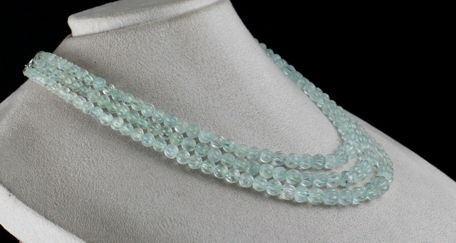 NATURAL BLUE AQUAMARINE CARVED MELON ROUND BEADS 3L 395 CTS GEMSTONE NECKLACE