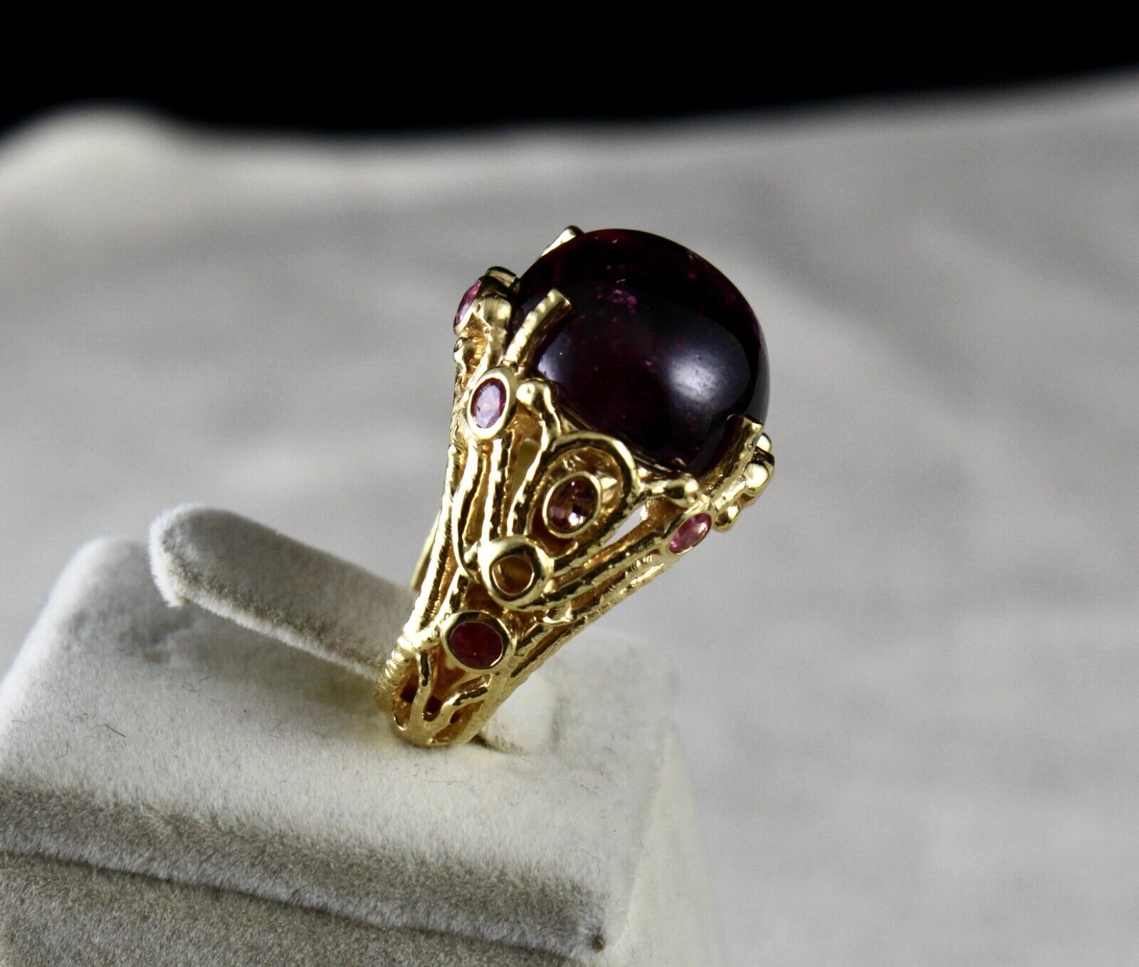 UNIQUE NATURAL PINK TOURMALINE CABOCHON CUT CARVED SILVER GOLD PLATED RING