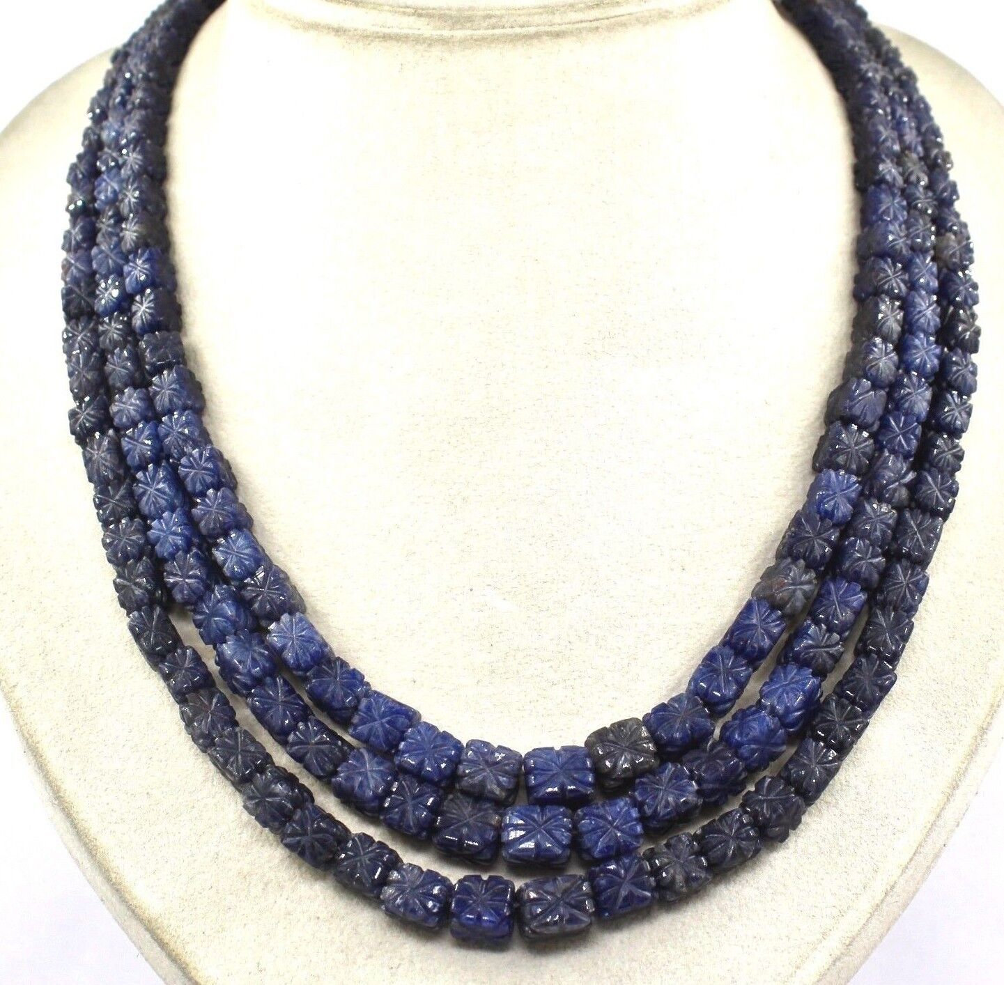 NATURAL BLUE JADE CARVED SQUARE BEADS 3 LINE 652 CTS GEMSTONE FASHION NECKLACE