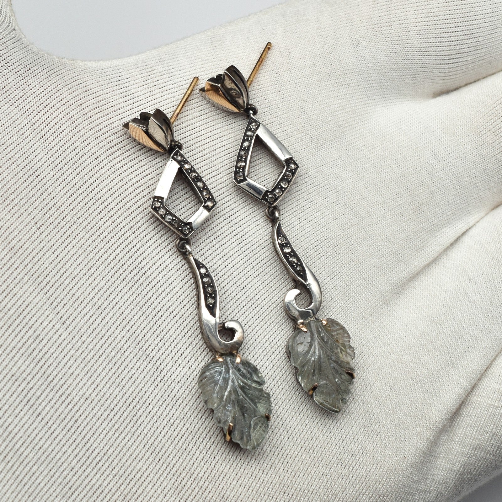 Natural Blue Tourmaline 10ct Carved Natural Diamond 18k Gold 925 Silver Earrings