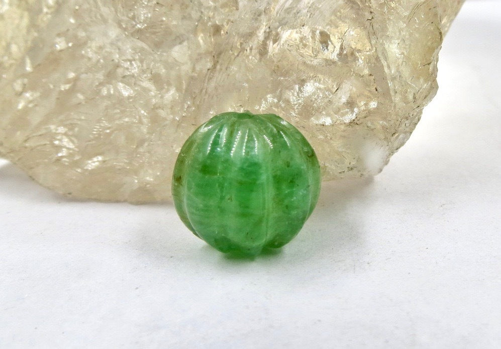 Certified Old Natural Emerald Melon Carved Bead 14.16 Ct Loose Gemstone Pendant