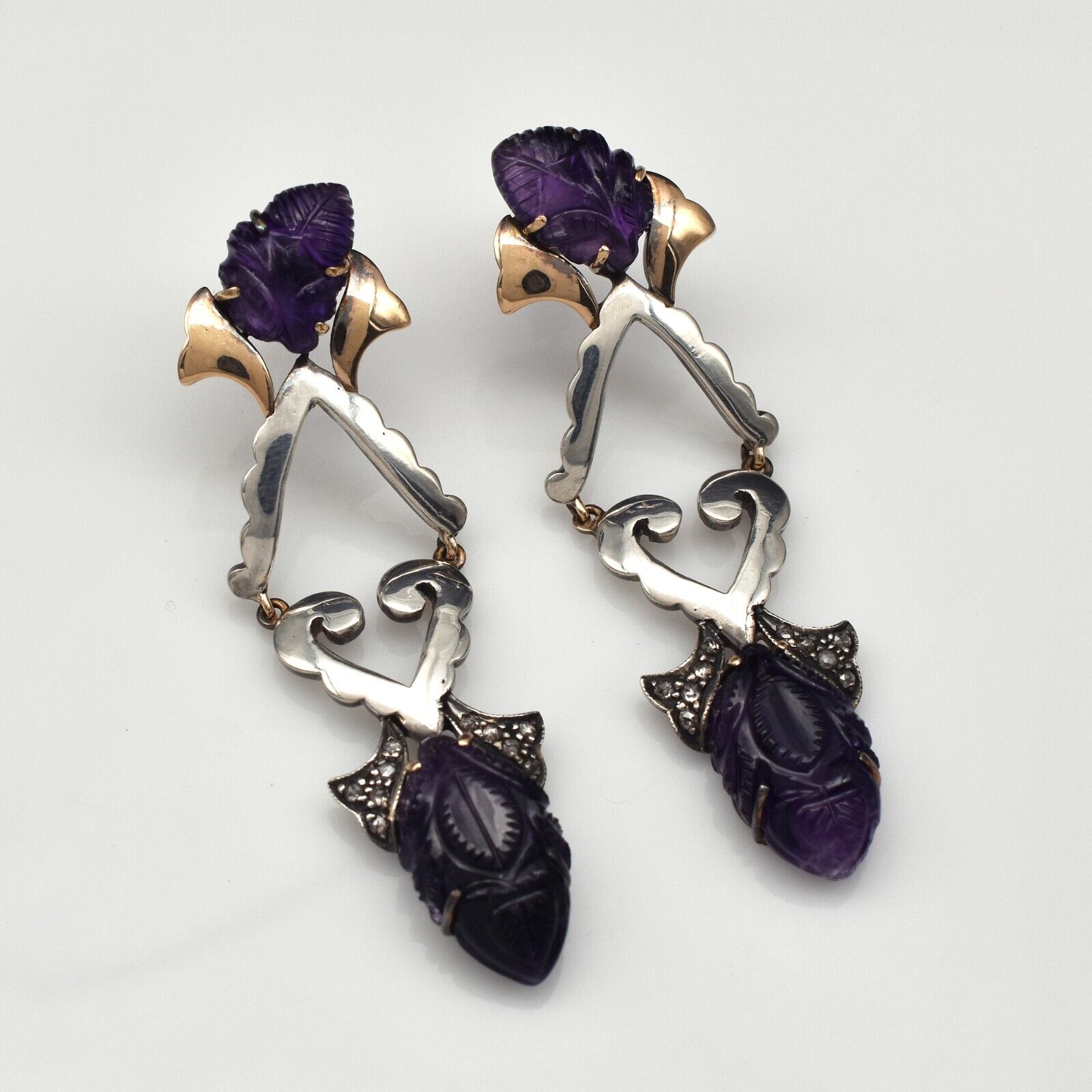 Fine Natural Amethyst Engraved Diamond 18K Gold Silver Victorian Dangle Earring