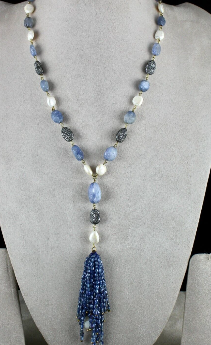 NATURAL BLUE SAPPHIRE BEADS CARVED PEARL STONE DIAMOND 14KGOLD FASHION NECKLACE