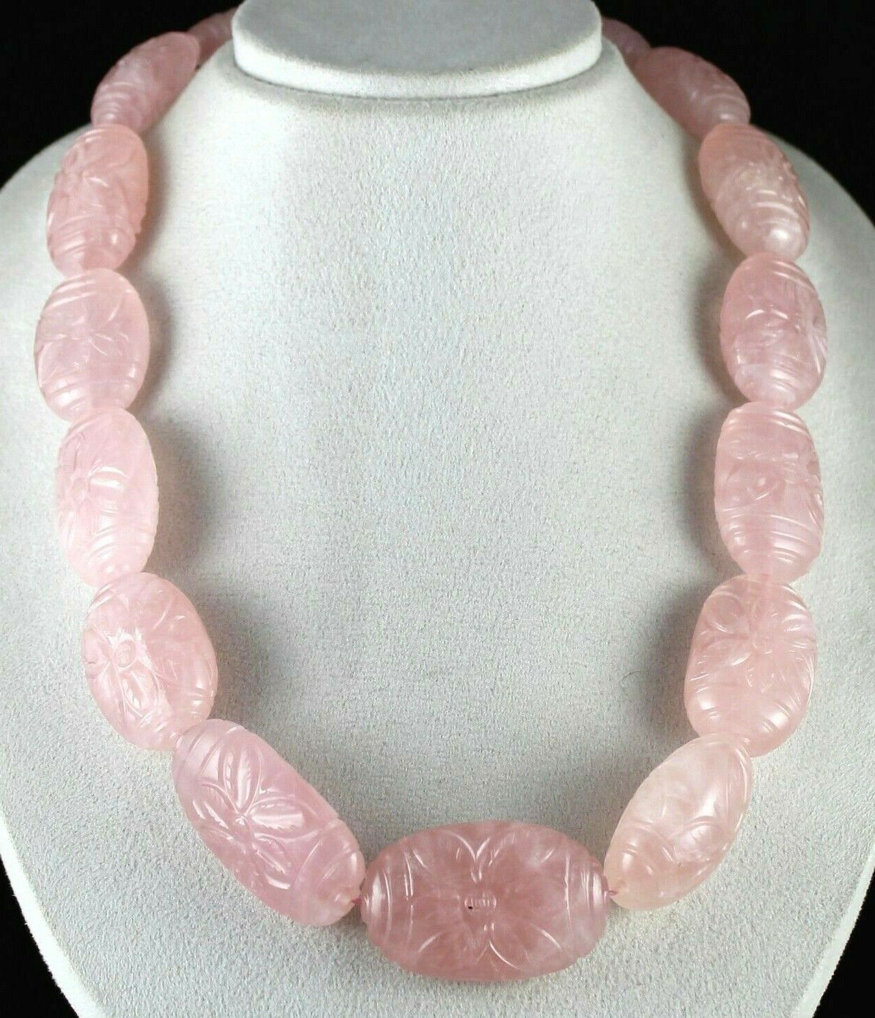 RARE BIG NATURAL ROSE QUARTZ CARVED BEADS 2027 CARATS GEMSTONE SILVER NECKLACE