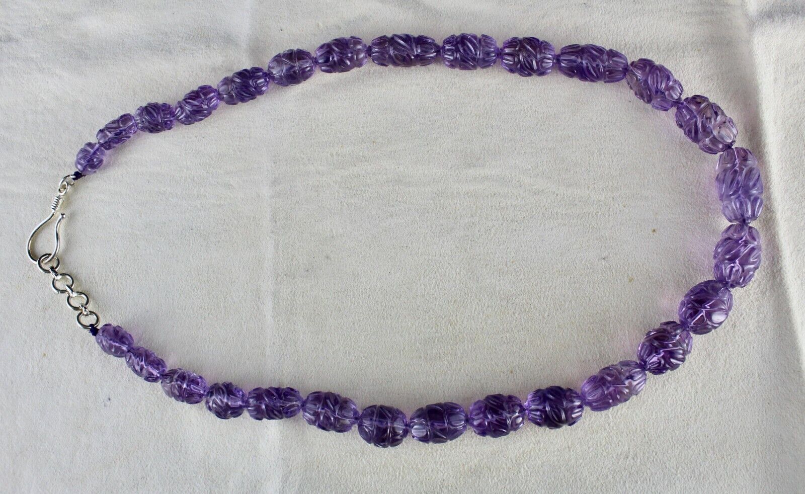 ANTIQUE NATURAL AMETHYST BEADS CARVED LONG 332 CARATS GEMSTONE SILVER NECKLACE