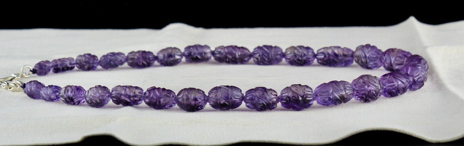 ANTIQUE NATURAL AMETHYST BEADS CARVED LONG 332 CARATS GEMSTONE SILVER NECKLACE