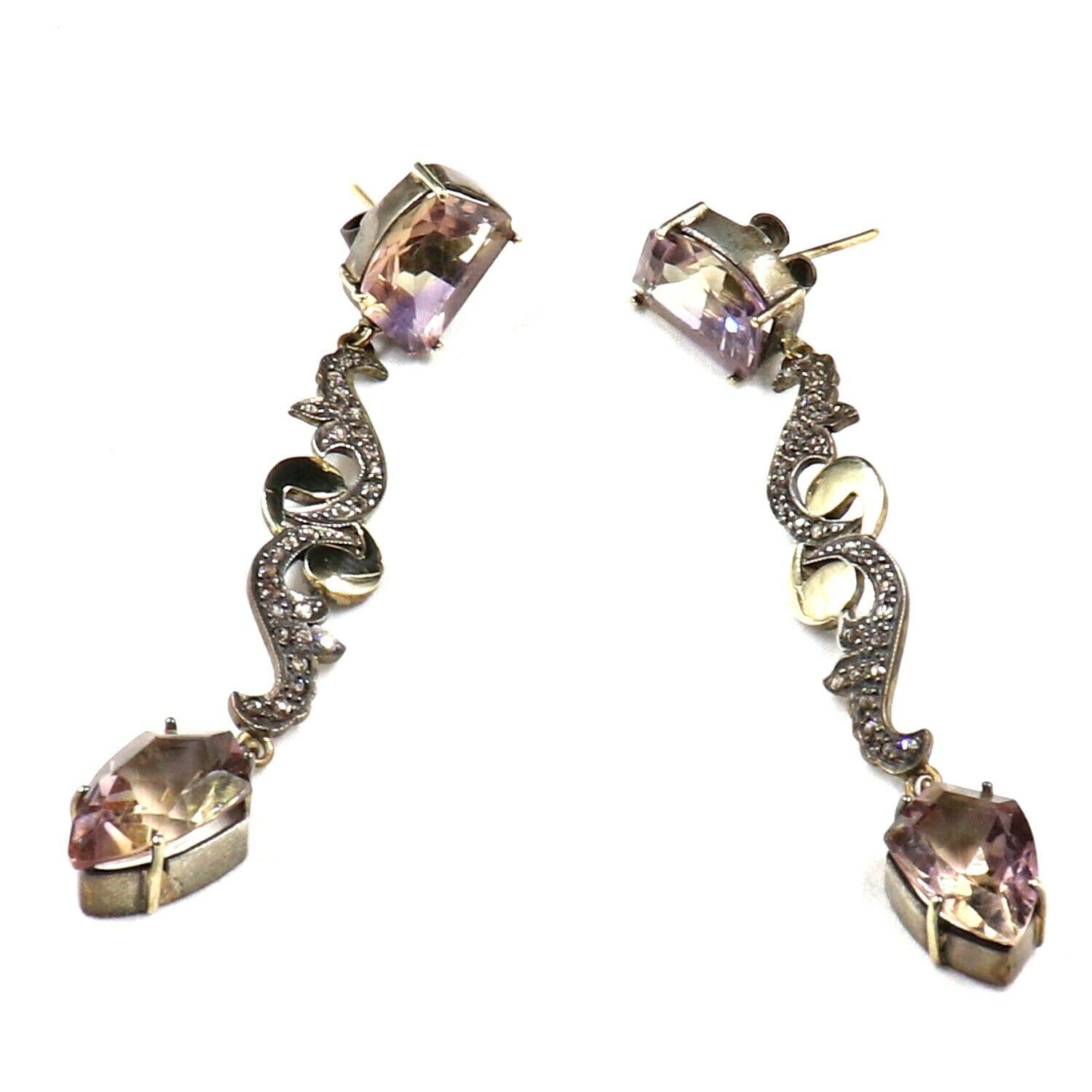 Natural Ametrine 78.34ct 18k Gold Natural Diamond & 925 Sterling Silver Earrings