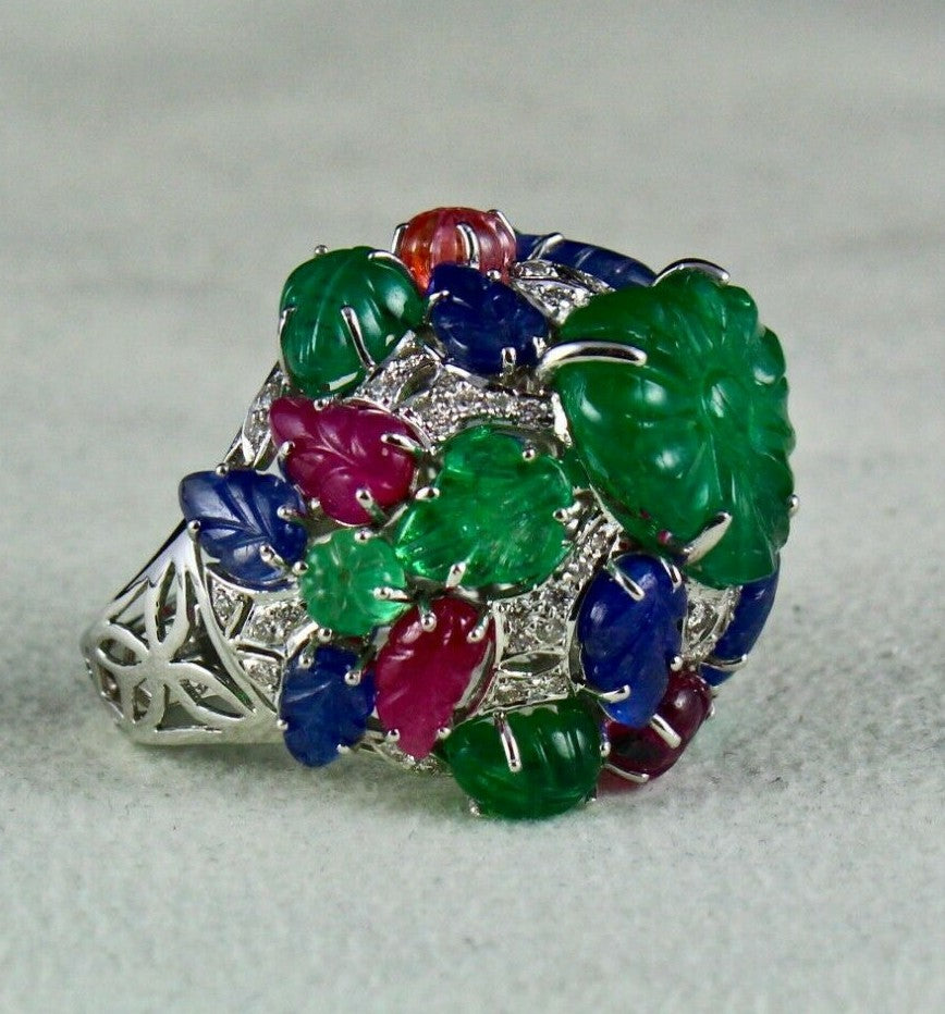 Certified Emerald Spinel Ruby 10ct Natural Diamond 18k Gold Tutti Frutti Ring
