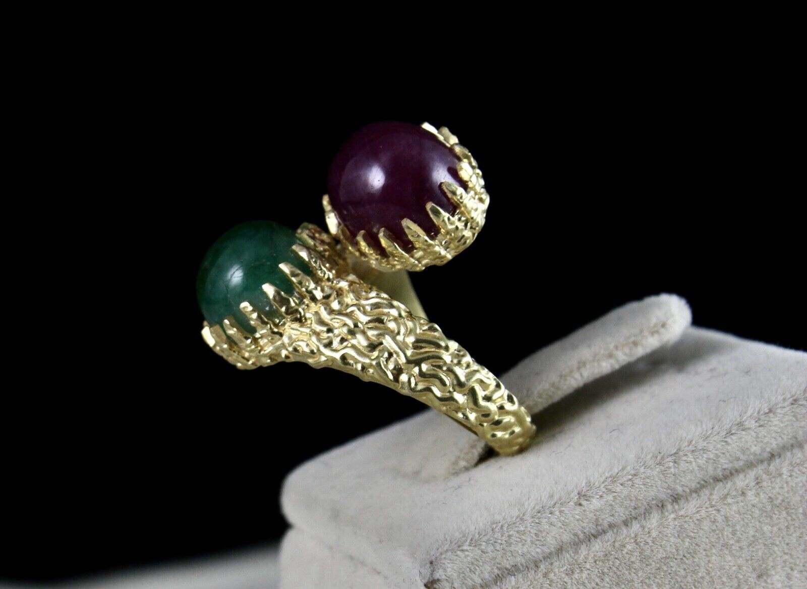 ANTIQUE NATURAL EMERALD RUBY ROUND GEMSTONE DIAMOND 925 SILVER CARVED RING