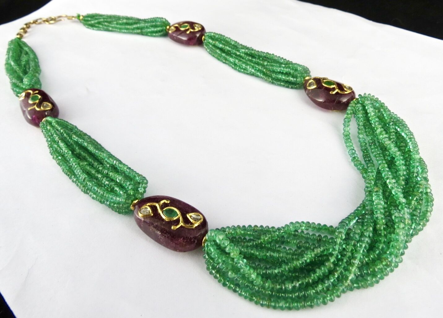 NATURAL EMERALD PINK TOURMALINE BEADS DIAMOND 18K GOLD JADAU LADIES NECKLACE