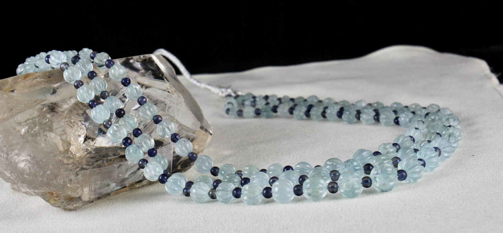 Certified Natural Aquamarine 347 Ct Iolite Carved Melon Gemstone Necklace